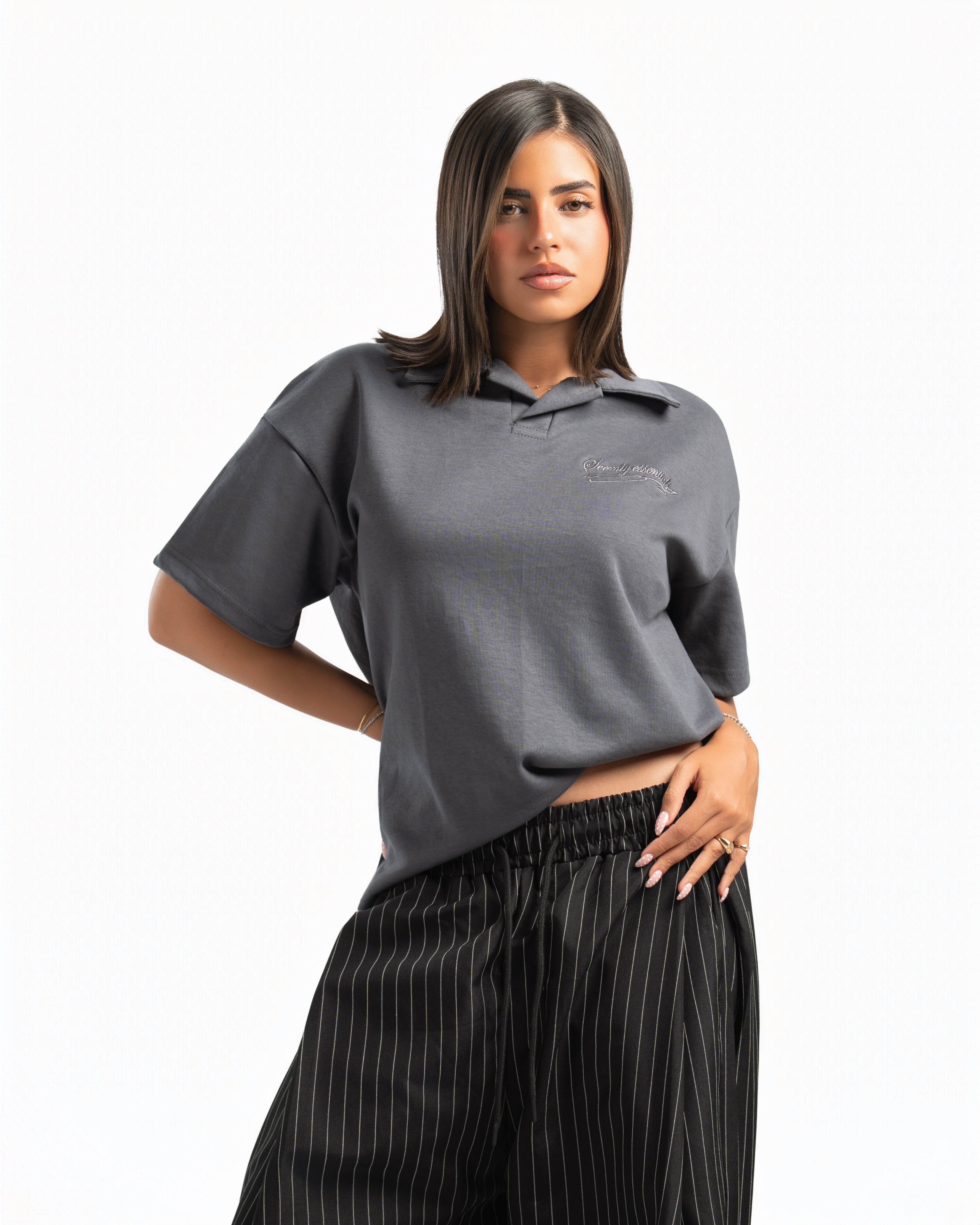 Women – Open-Collar Polo in Charcoal, styled (cover)