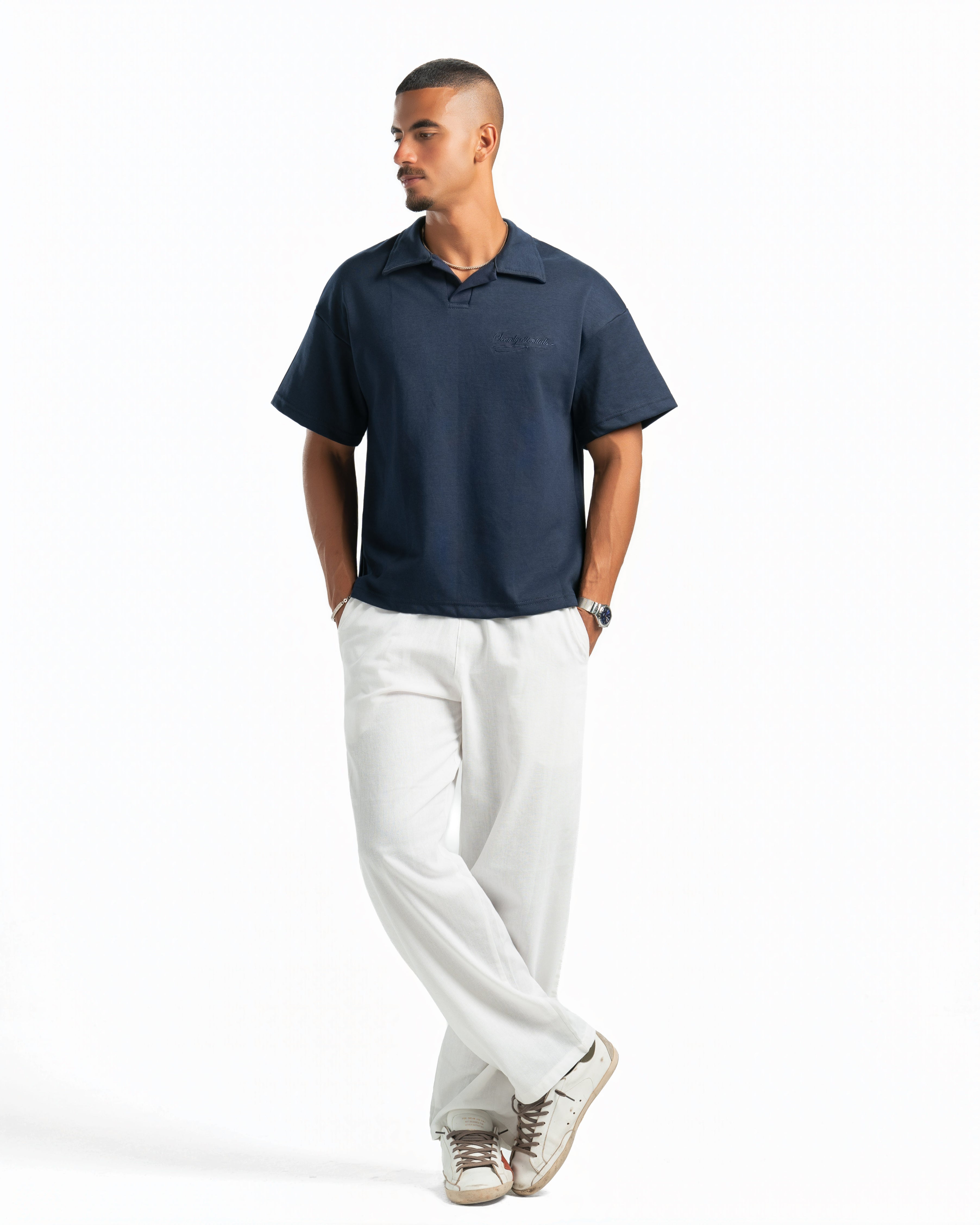 Men – Open-Collar Polo in Navy, full-length