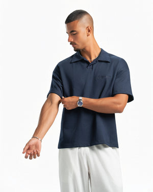 Men – Open-Collar Polo in Navy, styled (cover)