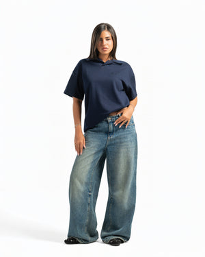 Women – Open-Collar Polo in Navy, full-length