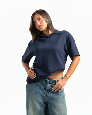 Women – Open-Collar Polo in Navy, styled (cover)