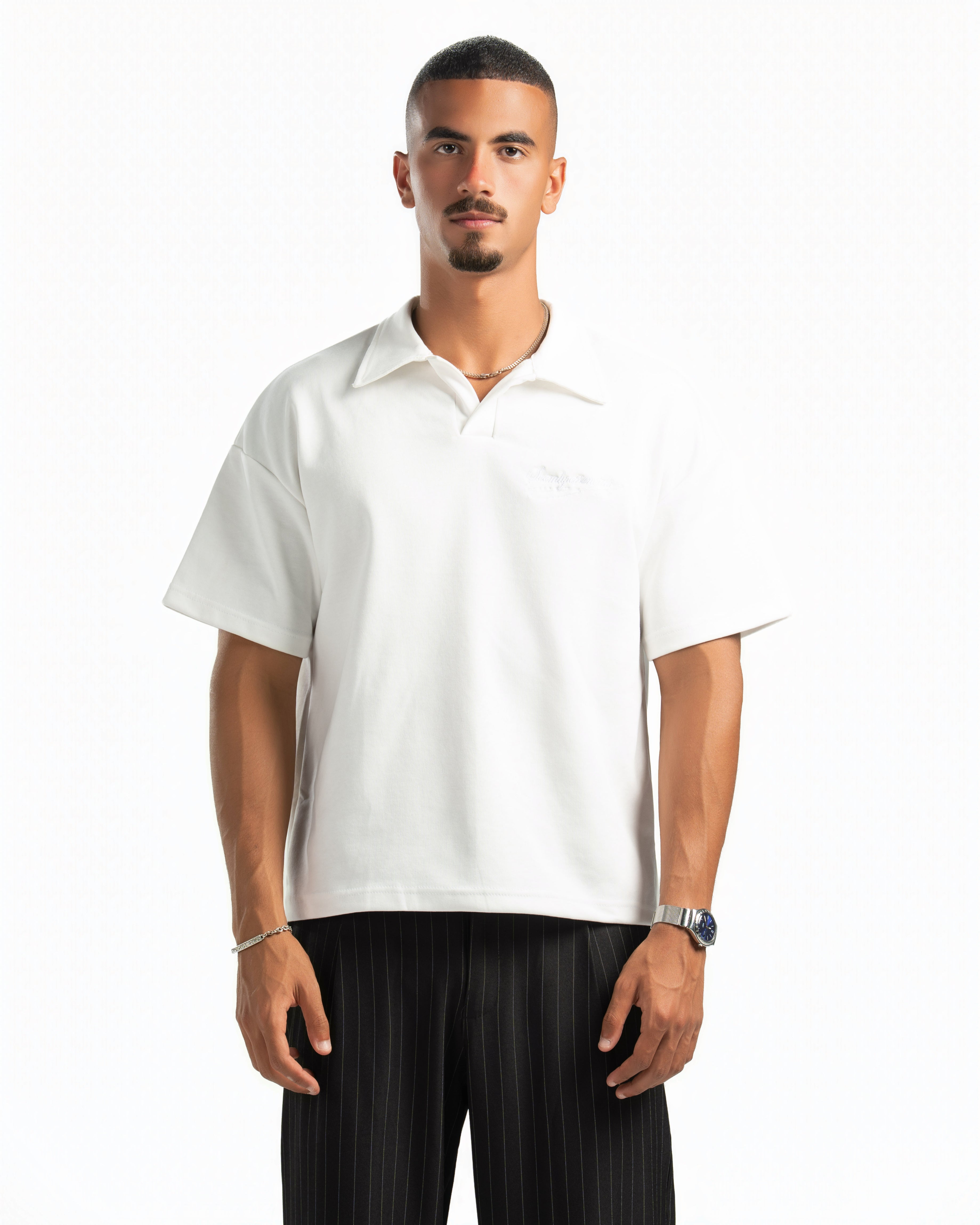 Men – Open-Collar Polo in White, front view (cover)