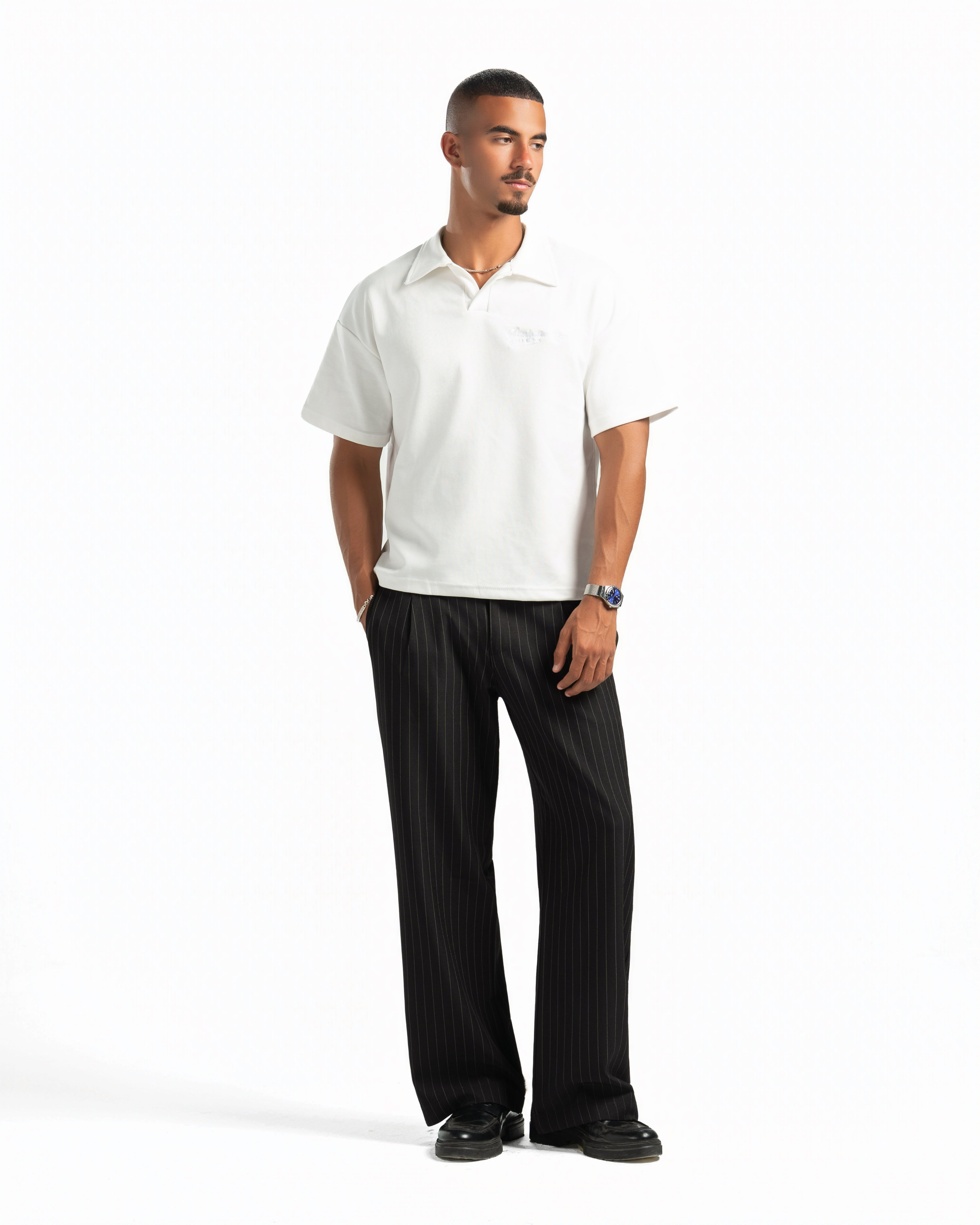 Men – Open-Collar Polo in White, full-length
