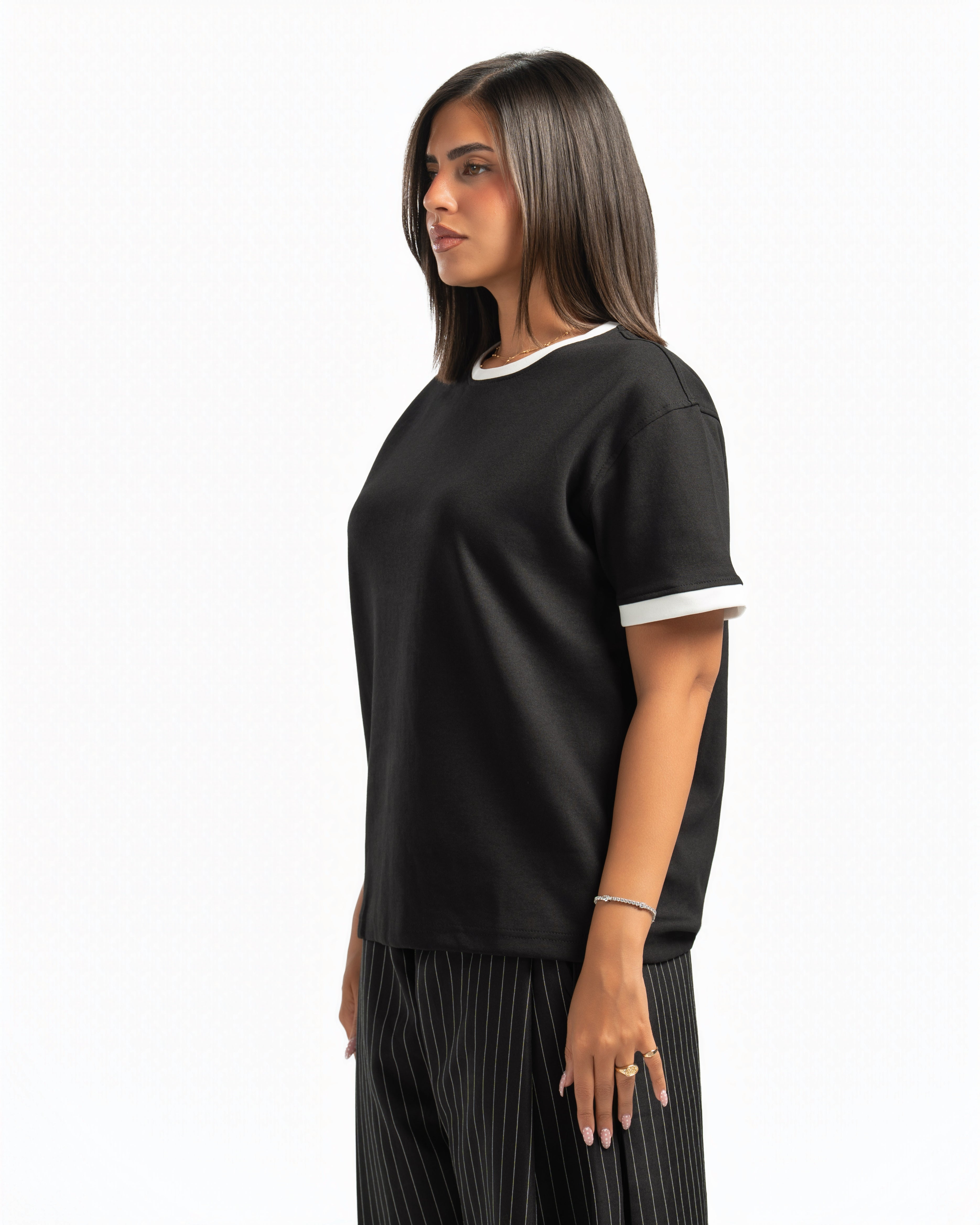 Women – Ringer Tee in Black, side view (cover)
