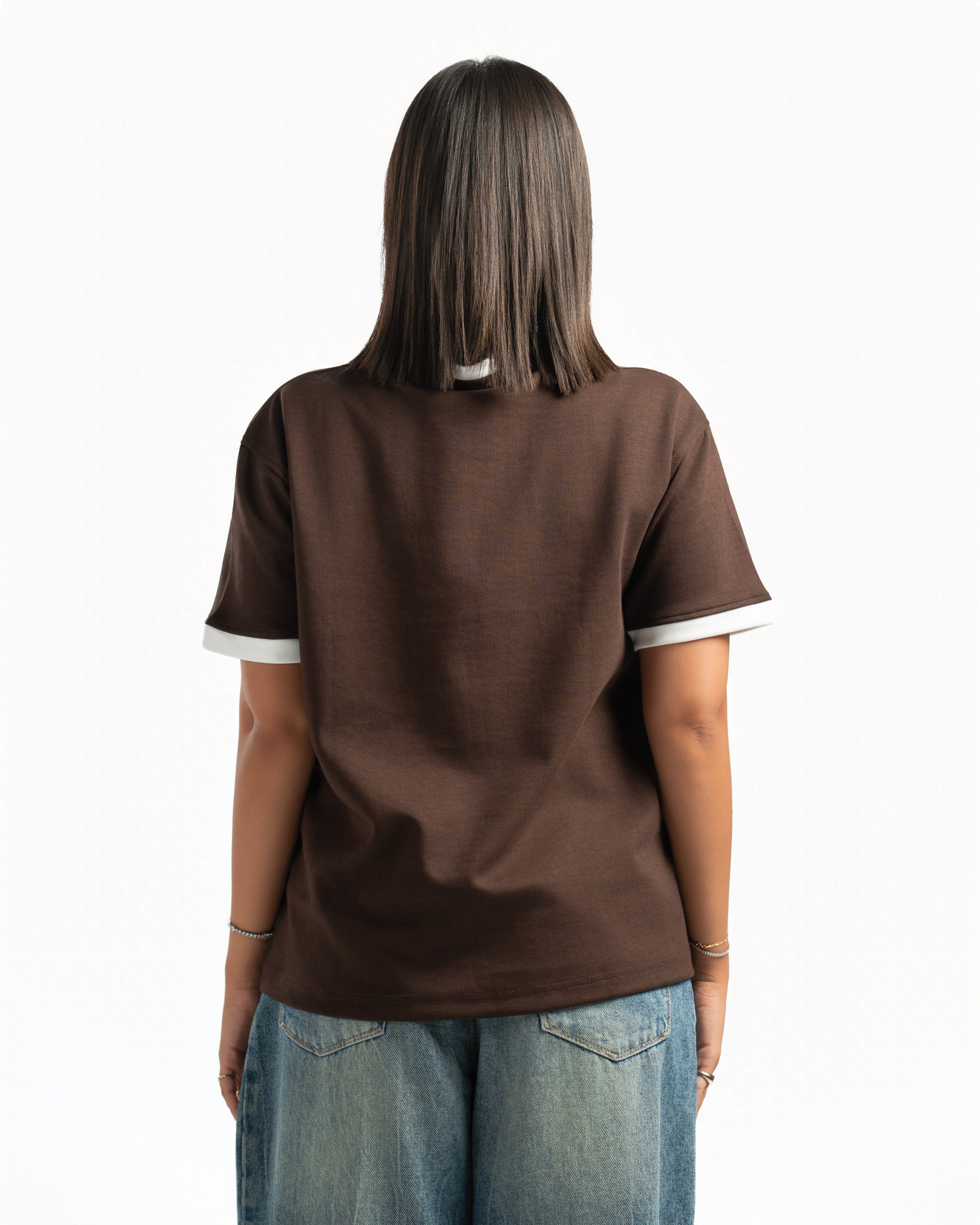 Women – Ringer Tee in Brown, back view (cover)
