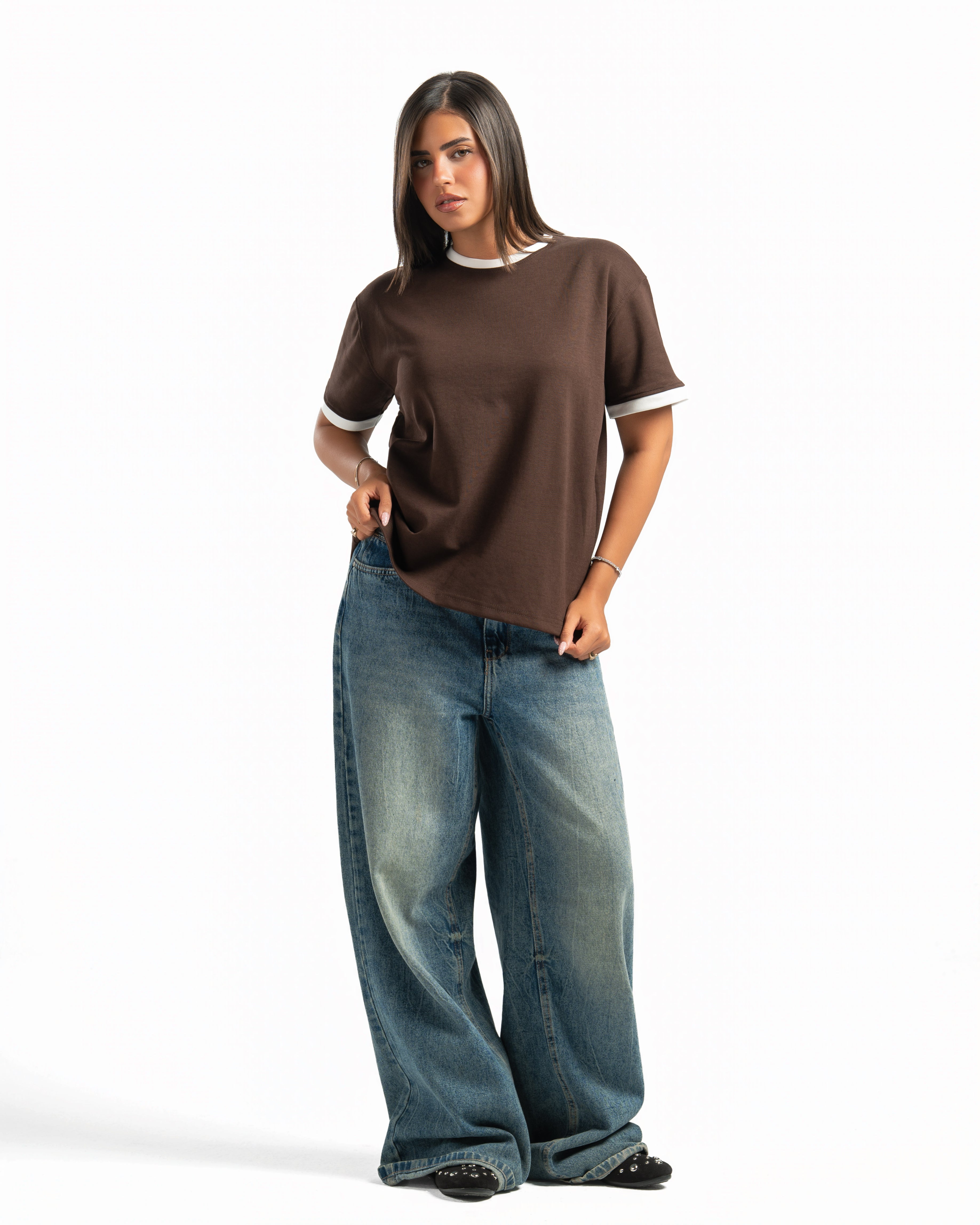 Women – Ringer Tee in Brown, full-length