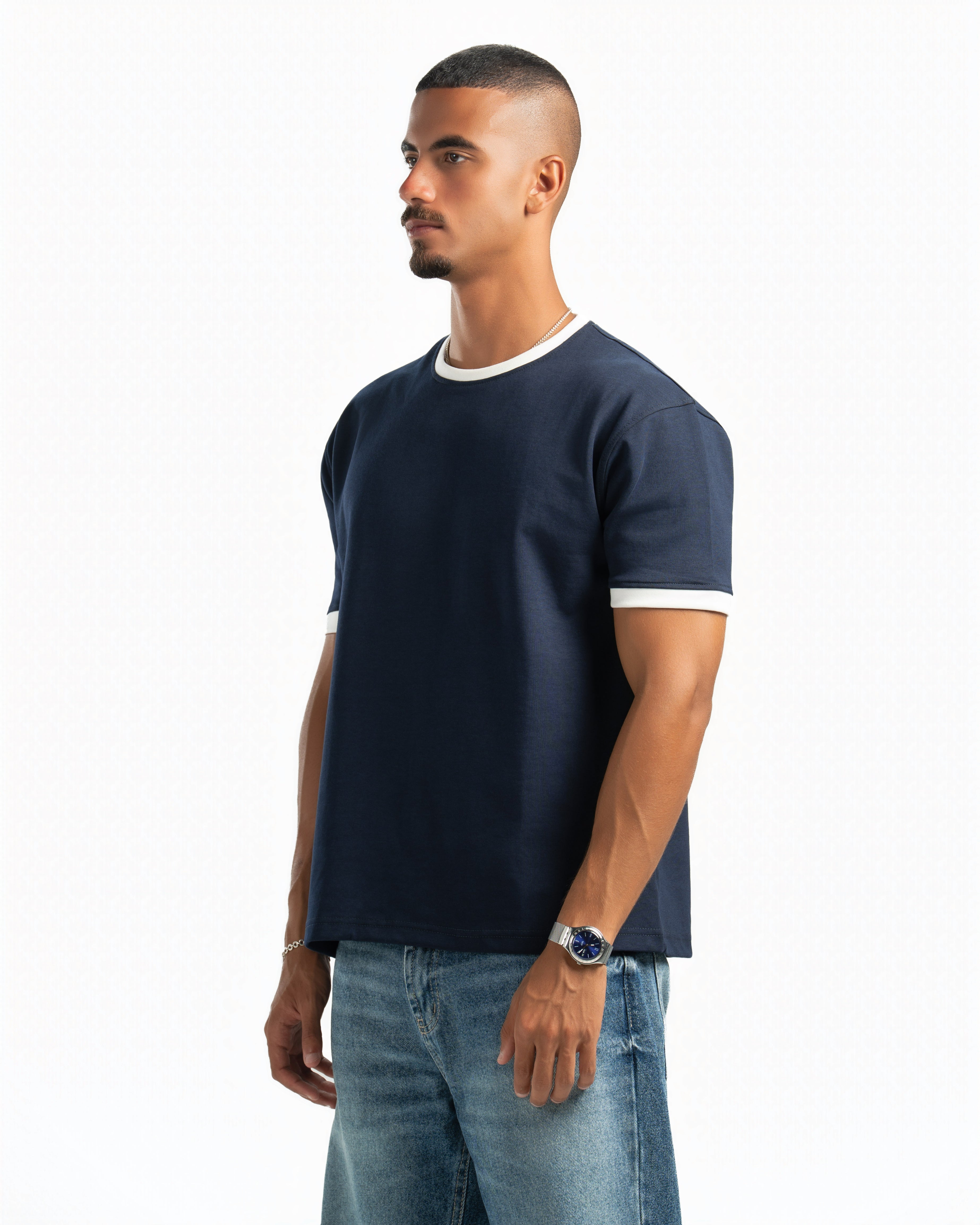 Men – Ringer Tee in Navy, side view (cover)