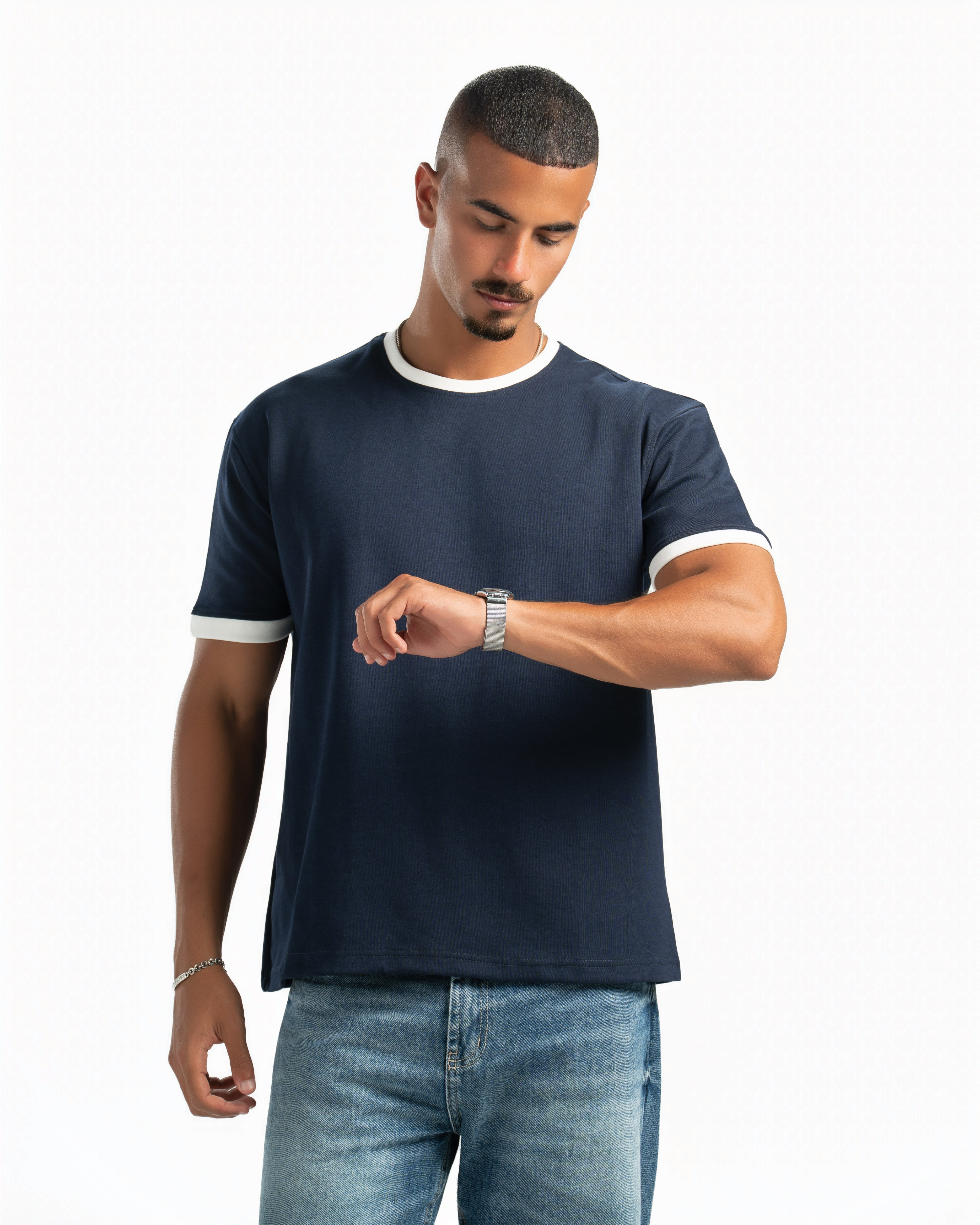 Men – Ringer Tee in Navy, styled (cover)