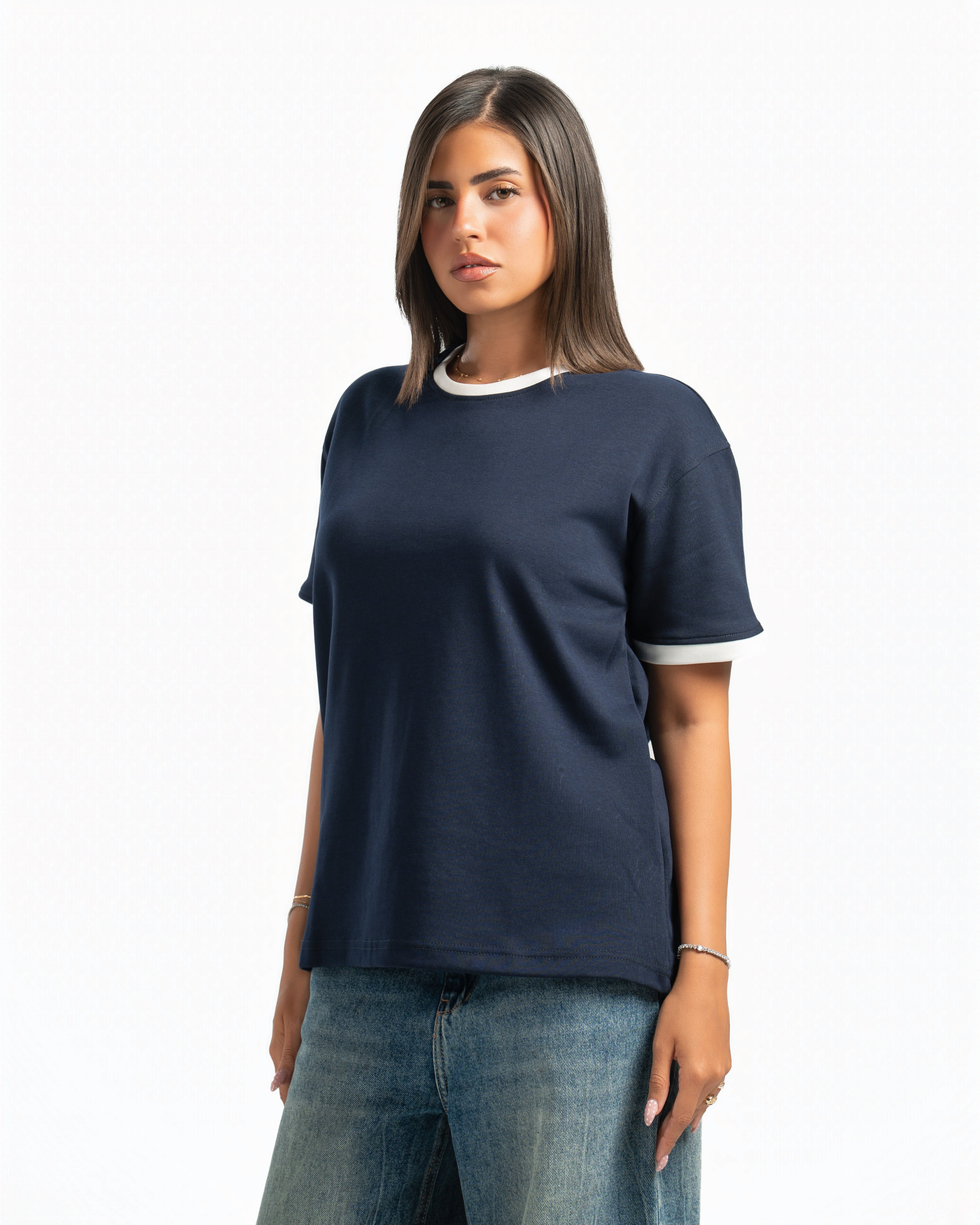 Women – Ringer Tee in Navy, side view (cover)