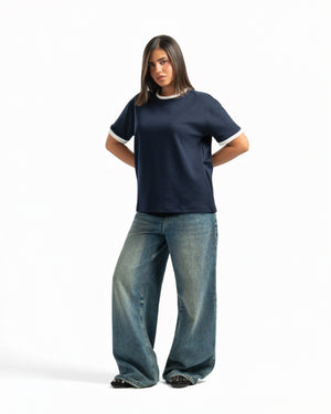 Women – Ringer Tee in Navy, full-length