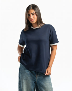 Women – Ringer Tee in Navy, styled (cover)