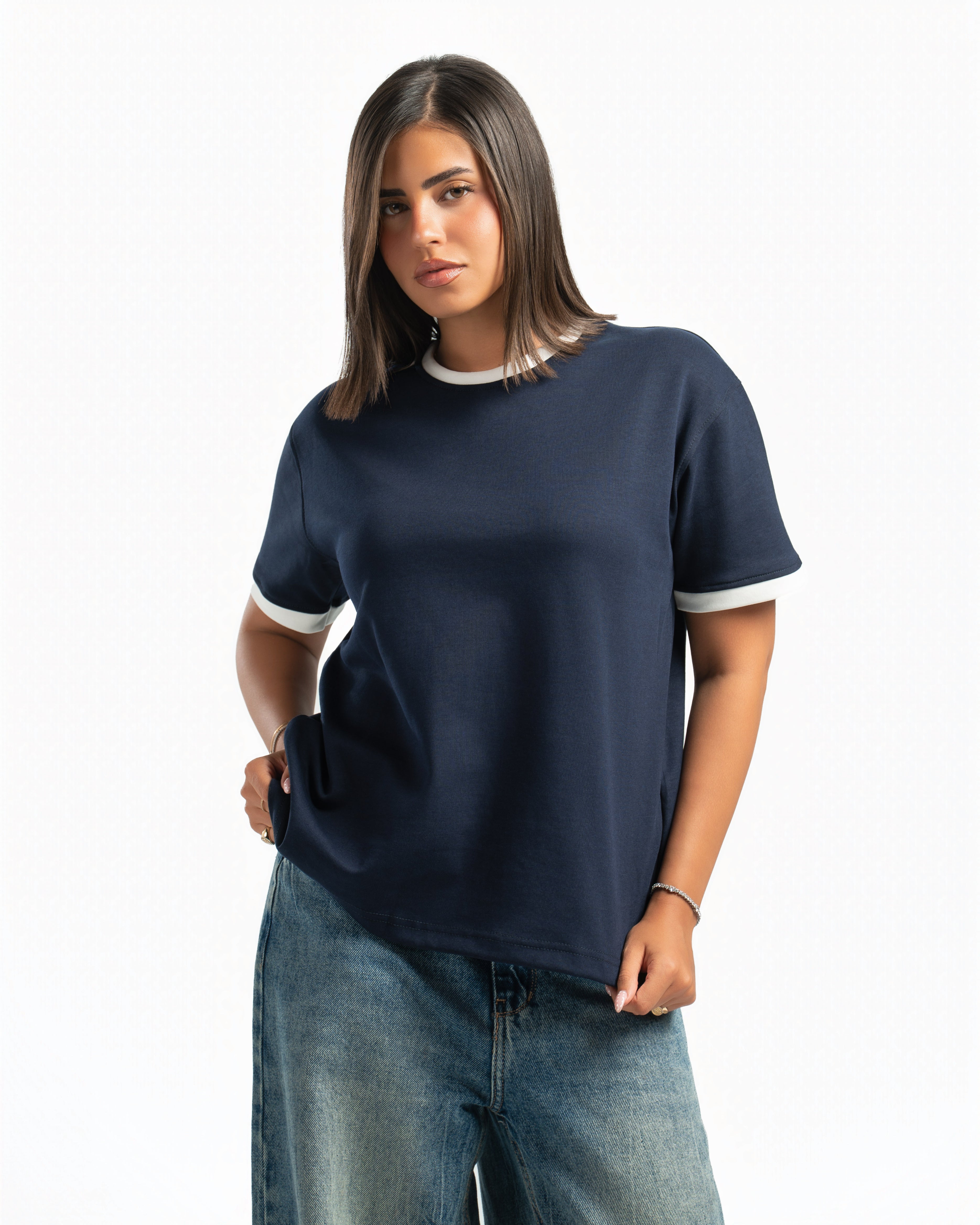 Women – Ringer Tee in Navy, styled (cover)
