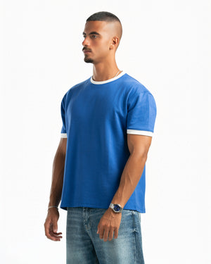 Men – Ringer Tee in Royal Blue, side view (cover)