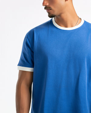 Men – Ringer Tee in Royal Blue, detail close-up (cover)