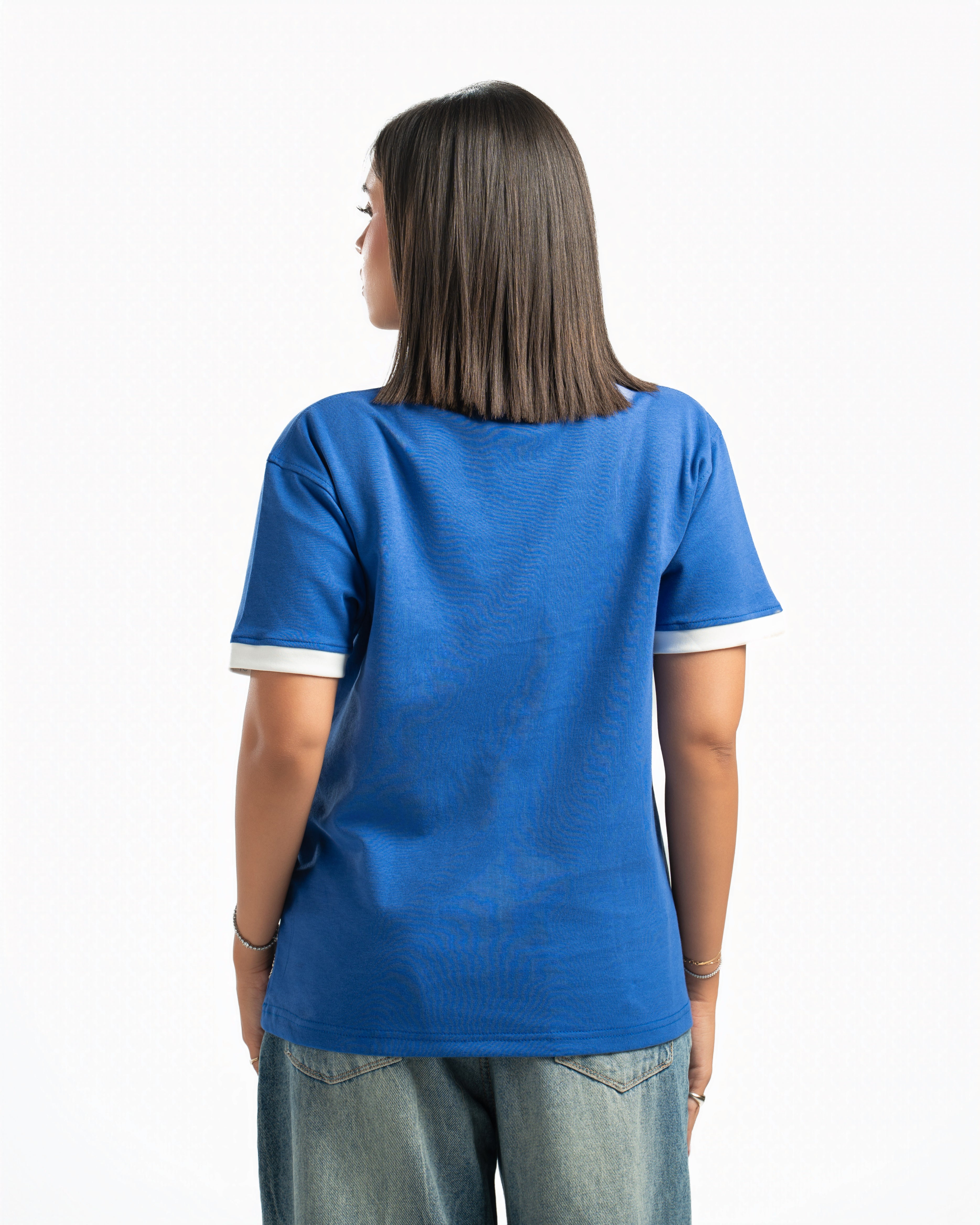 Women – Ringer Tee in Royal Blue, back view (cover)