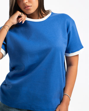 Women – Ringer Tee in Royal Blue, detail close-up (cover)