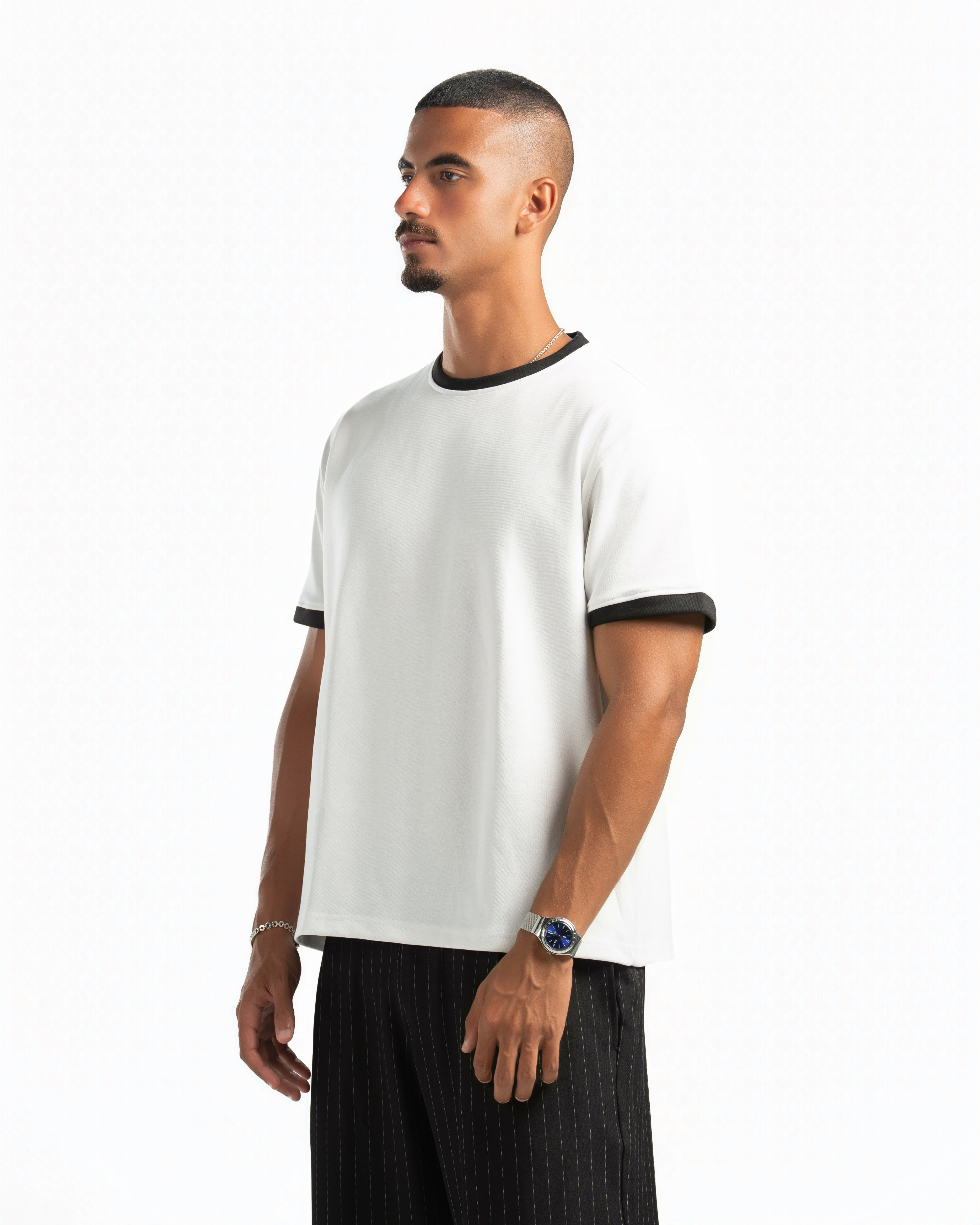 Men – Ringer Tee in White, side view (cover)