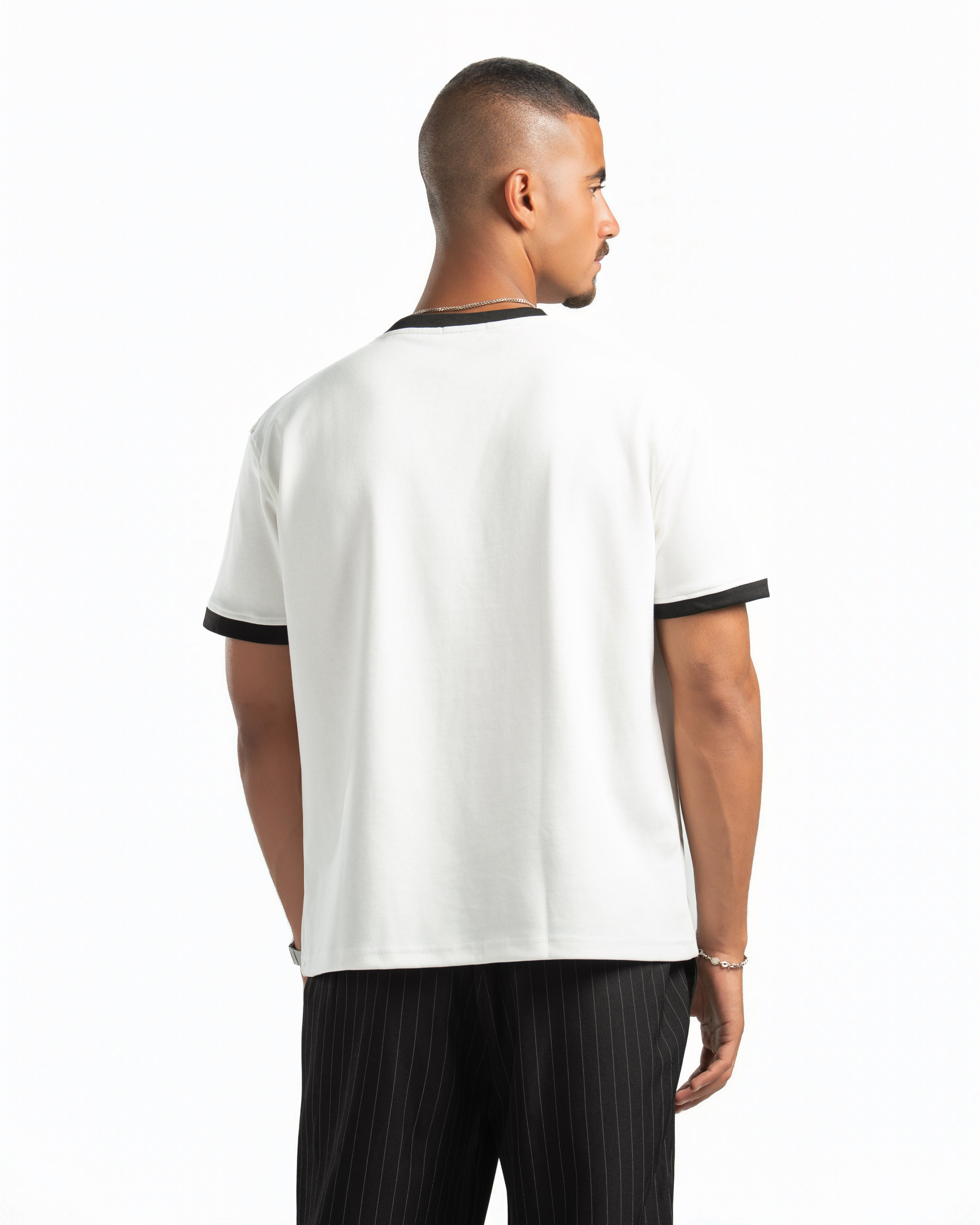 Men – Ringer Tee in White, back view (cover)