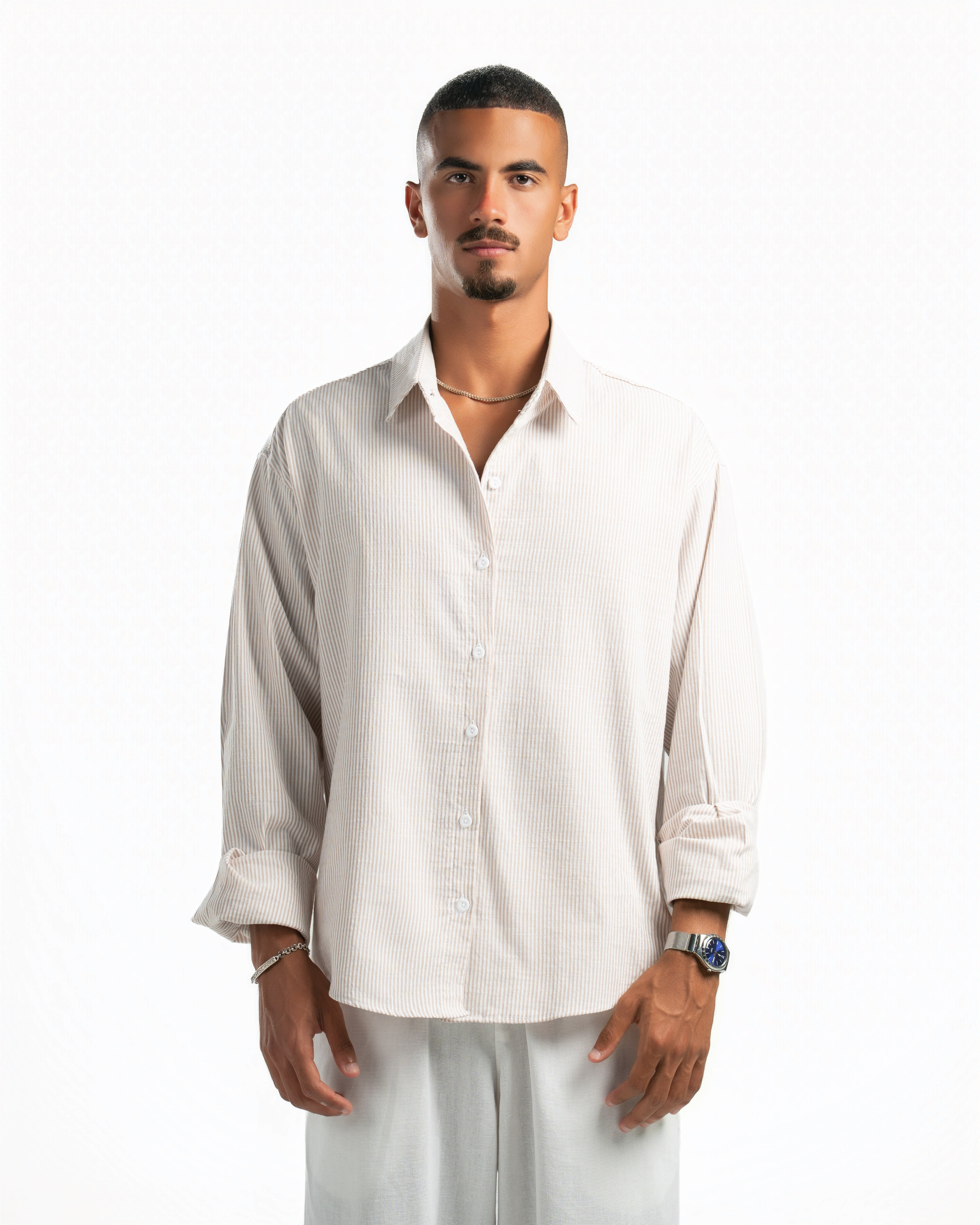 Men – Striped Shirt in Beige Stripe, front view (cover)