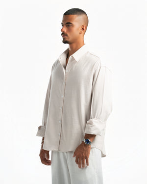 Men – Striped Shirt in Beige Stripe, side view (cover)