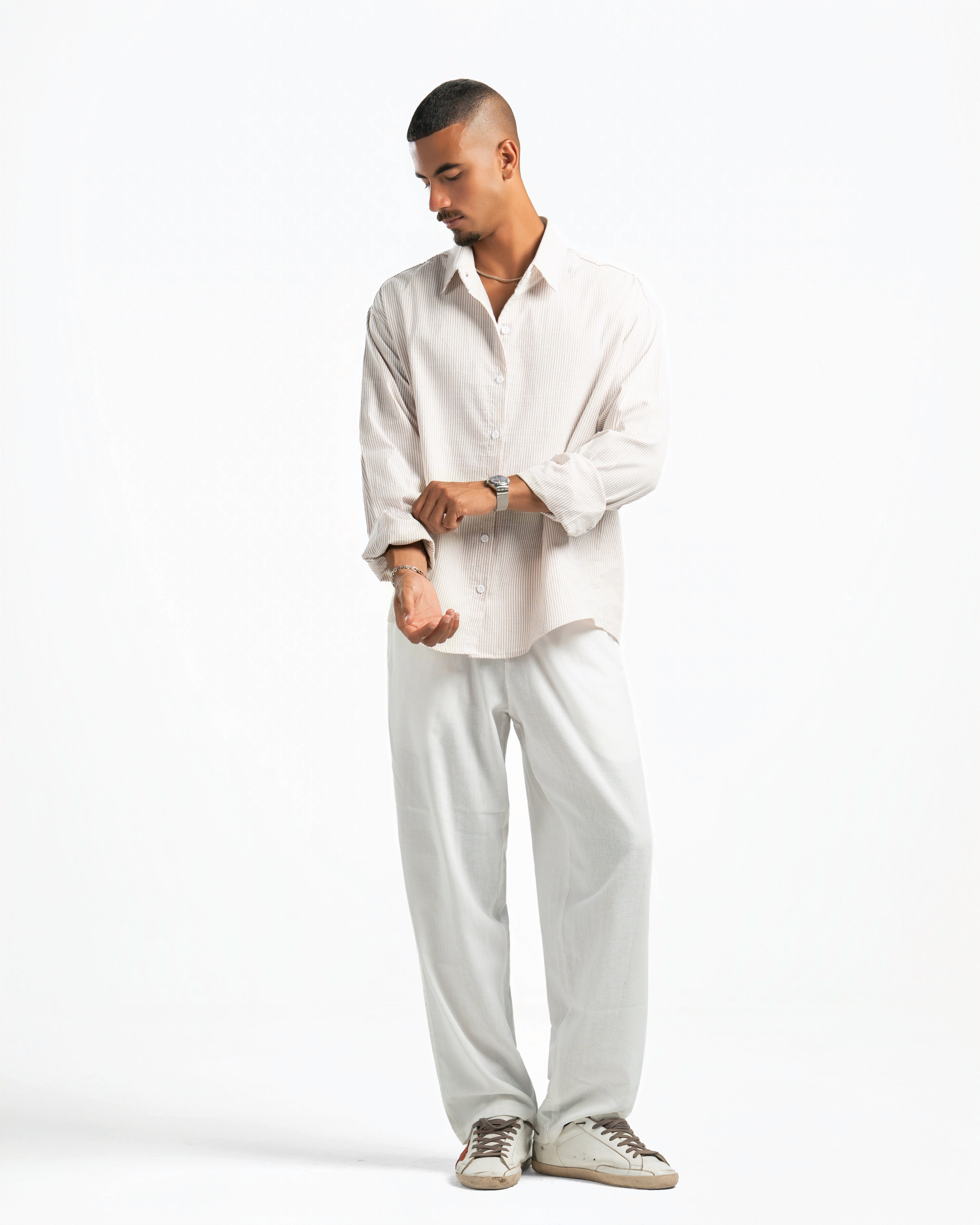 Men – Striped Shirt in Beige Stripe, full-length