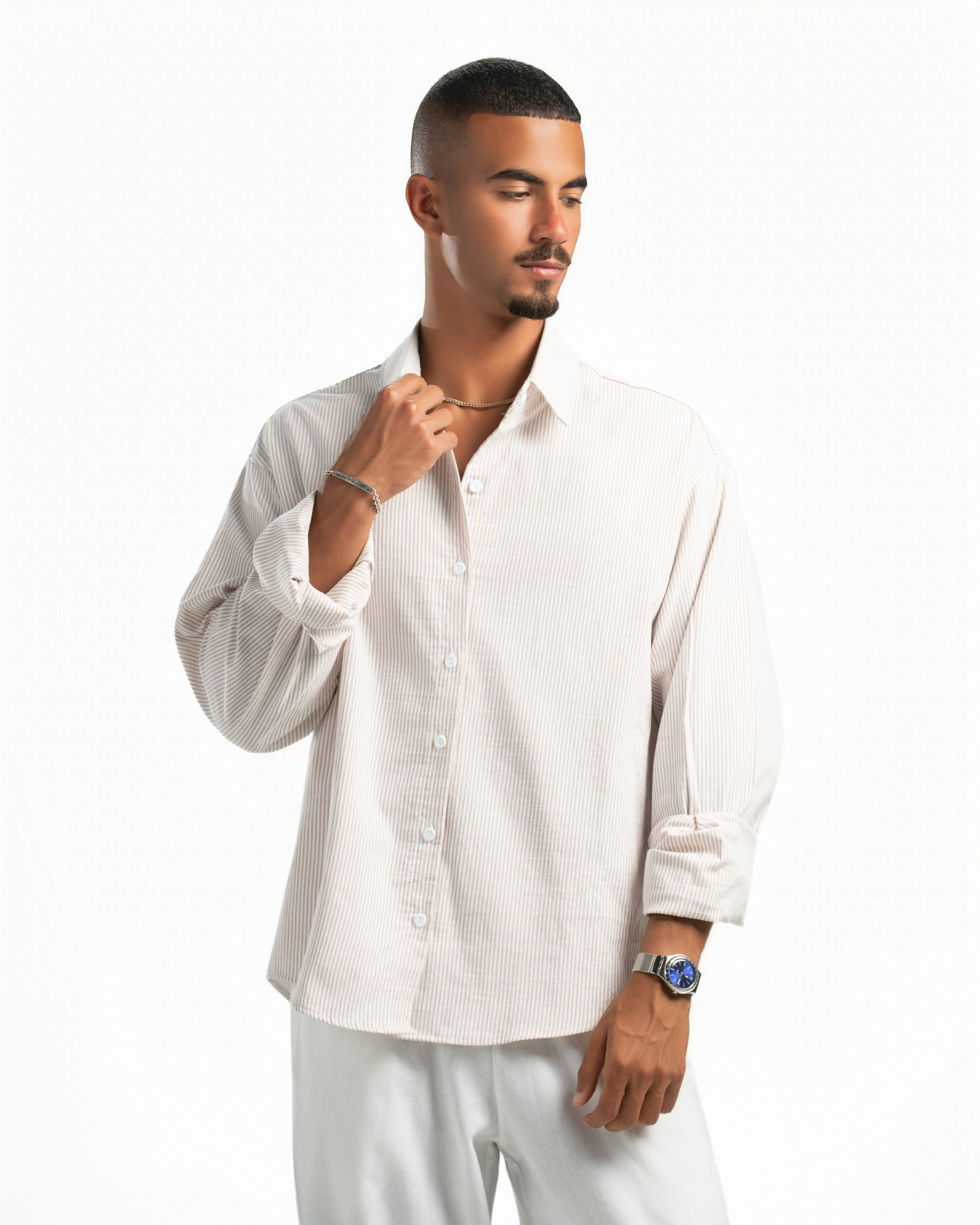 Men – Striped Shirt in Beige Stripe, styled (cover)