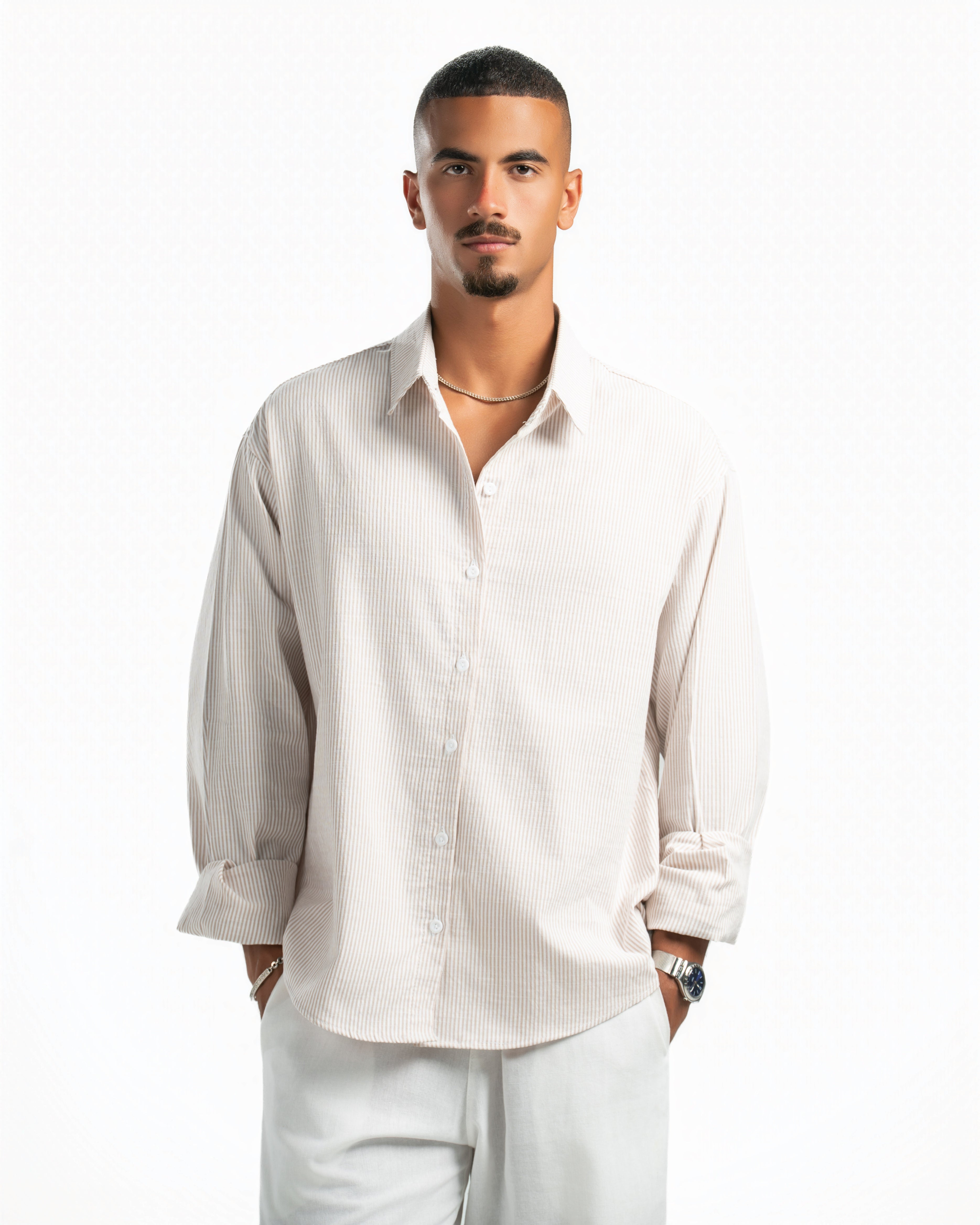 Men – Striped Shirt in Beige Stripe, fabric detail (cover)