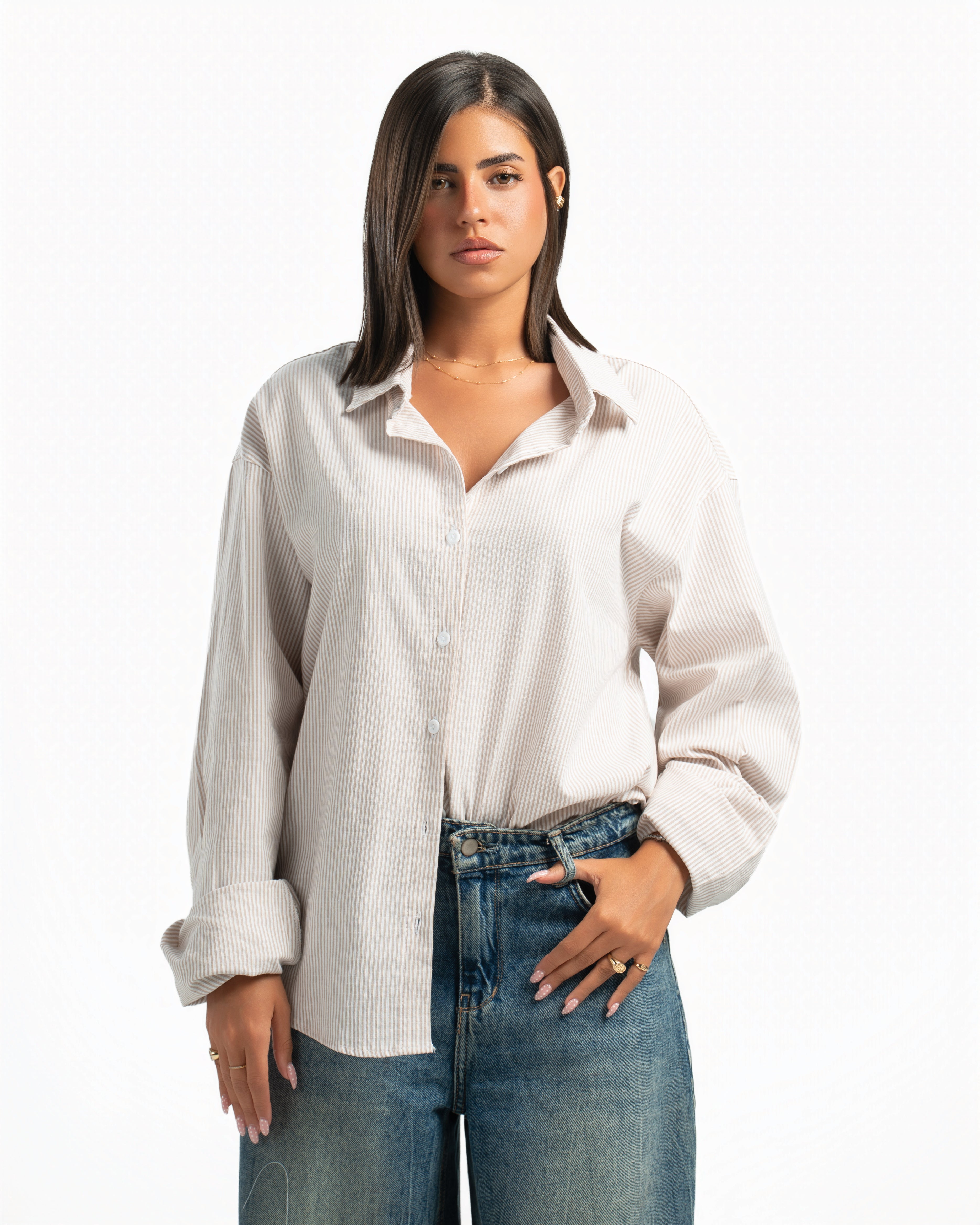 Women – Striped Shirt in Beige Stripe, front view (cover)