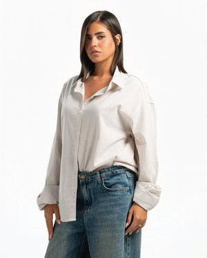 Women – Striped Shirt in Beige Stripe, side view (cover)