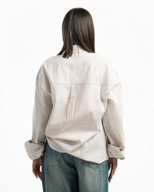 Women – Striped Shirt in Beige Stripe, back view (cover)