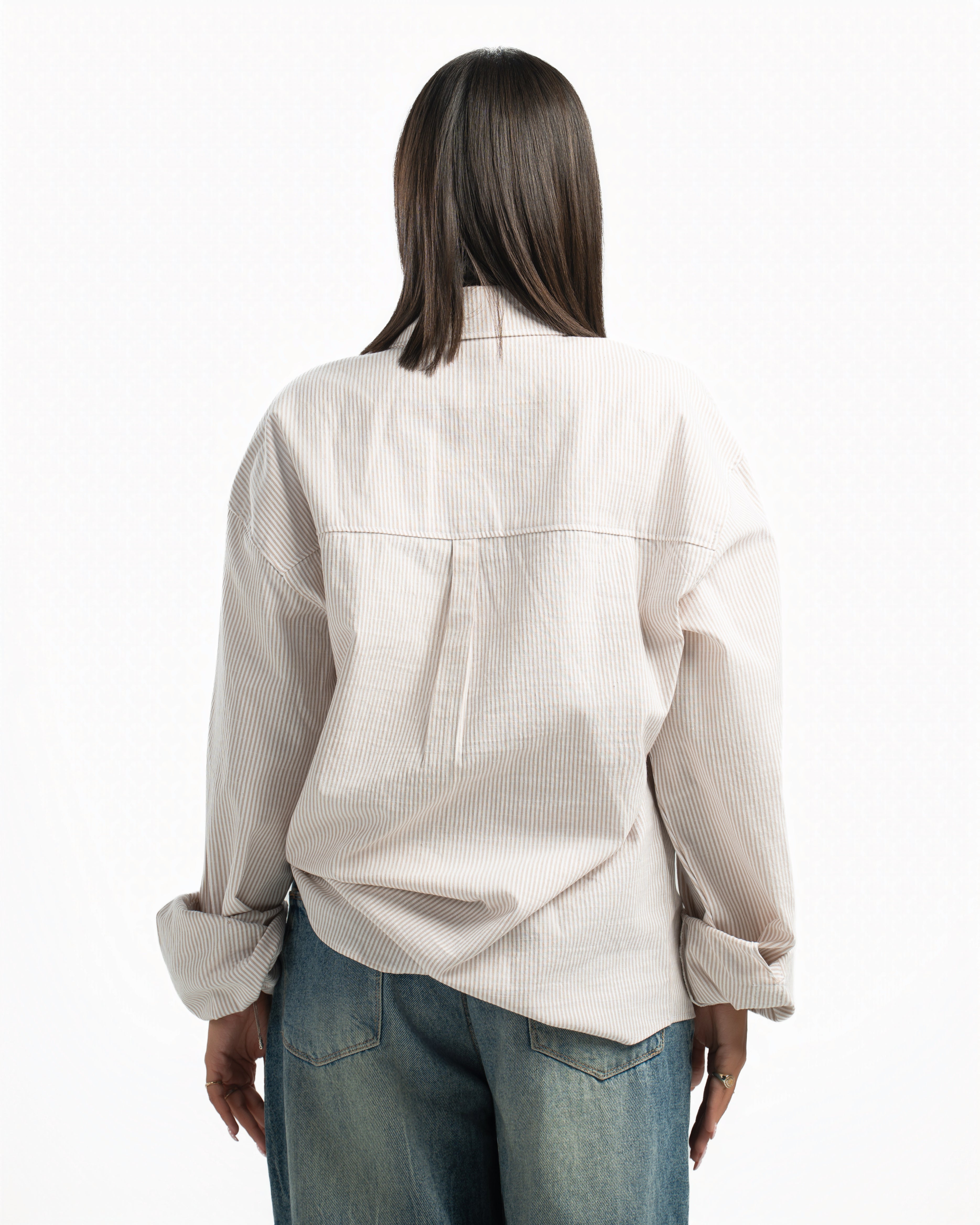 Women – Striped Shirt in Beige Stripe, back view (cover)