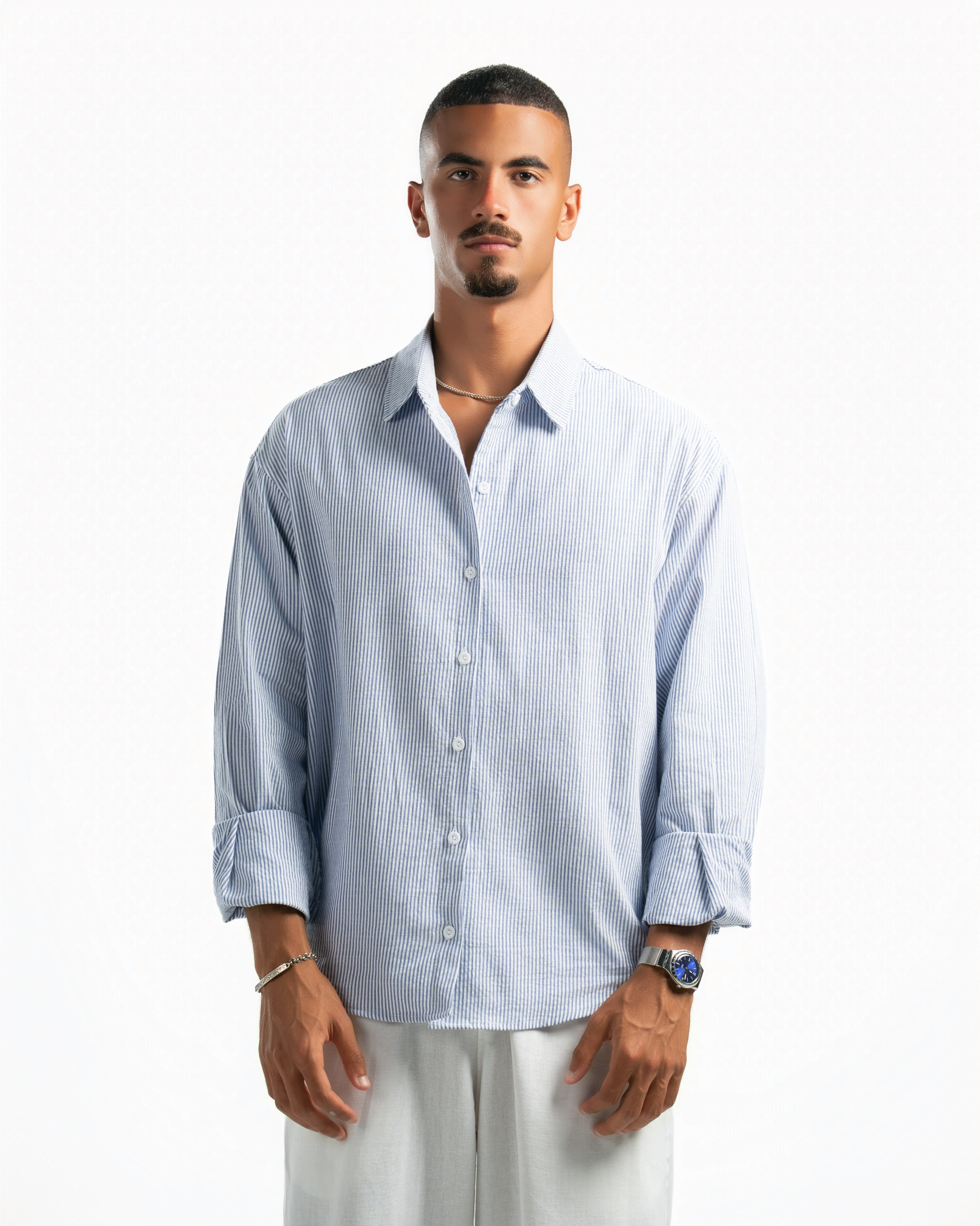 Men – Striped Shirt in Blue Stripe, front view (cover)