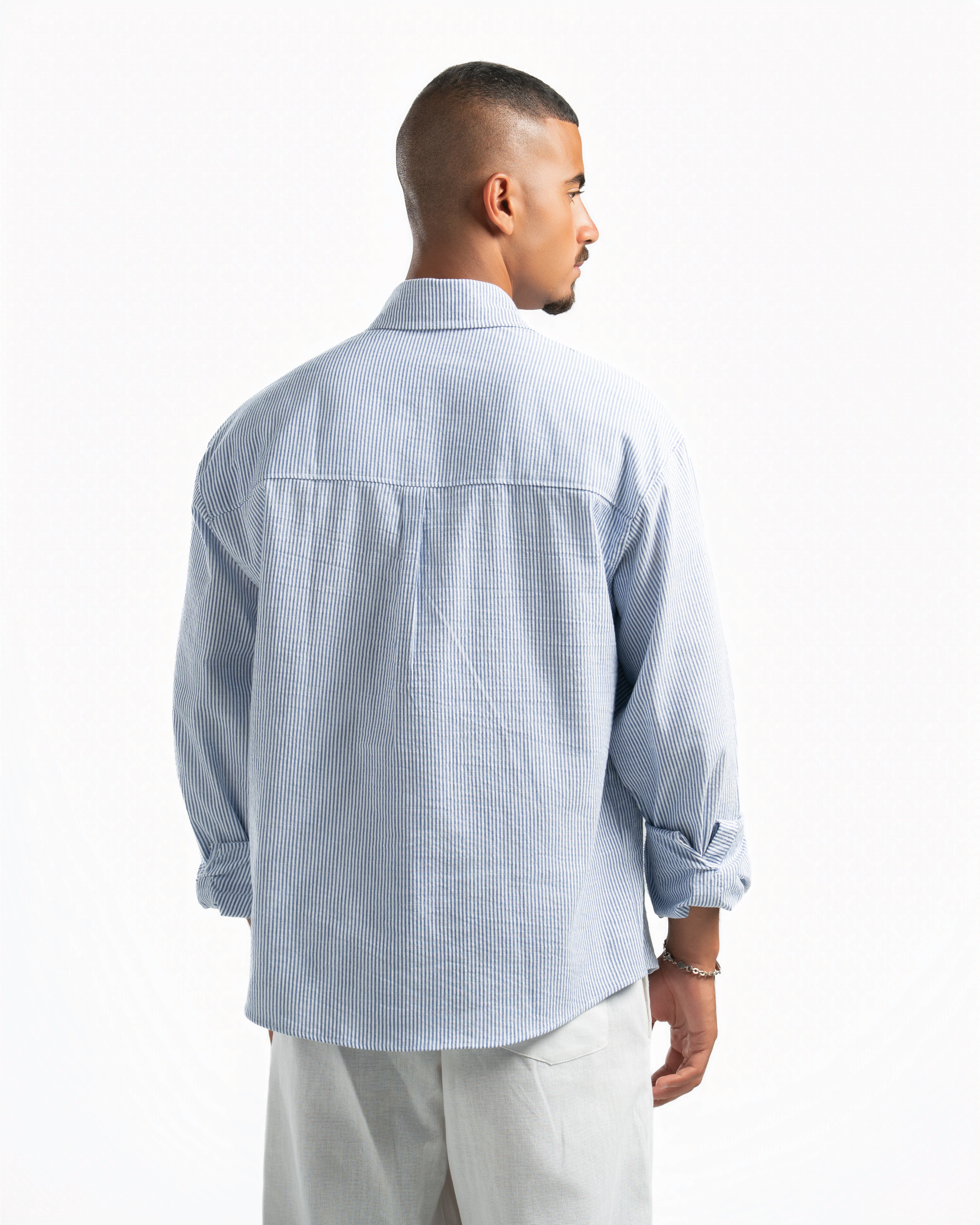 Men – Striped Shirt in Blue Stripe, back view (cover)