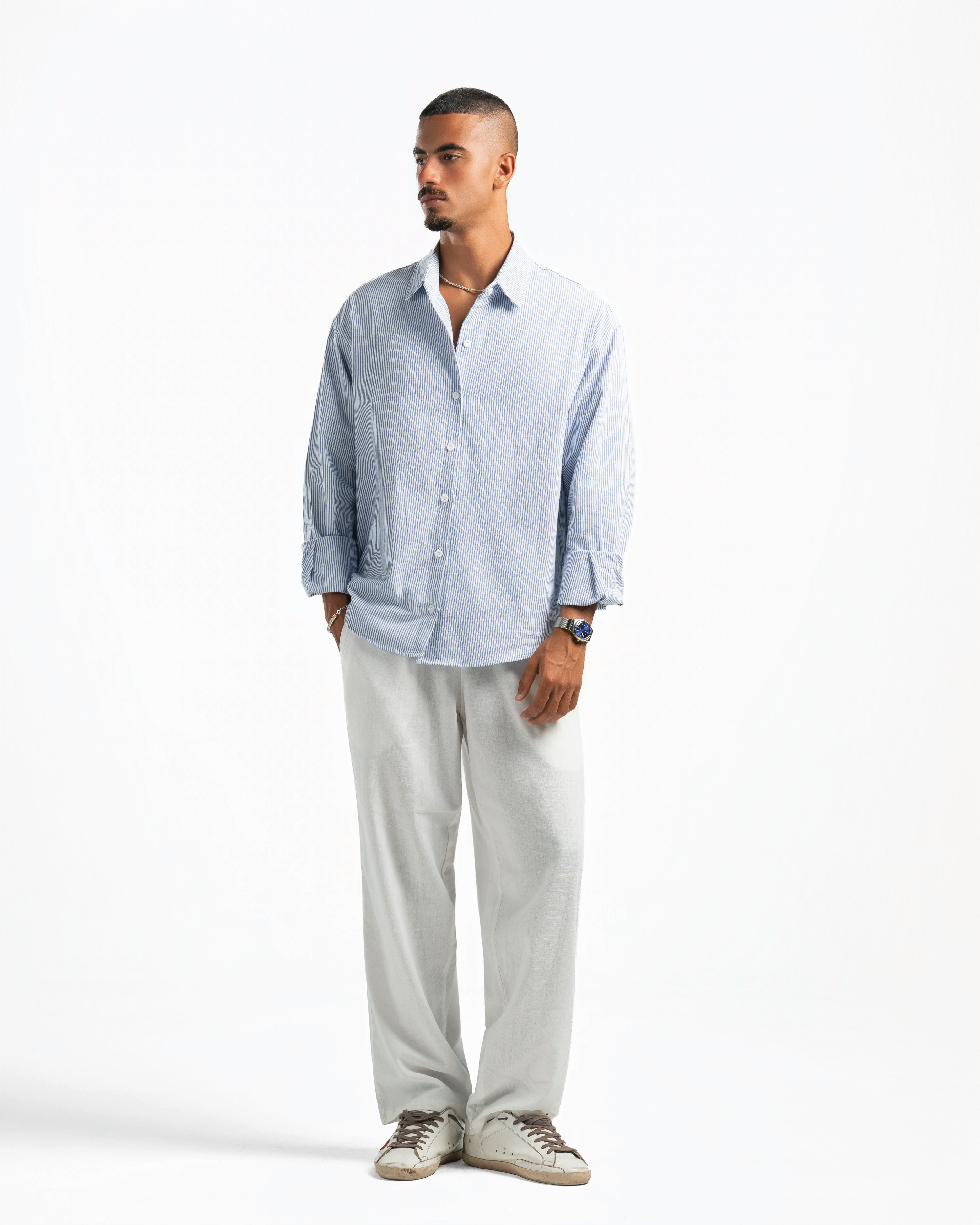Men – Striped Shirt in Blue Stripe, full-length