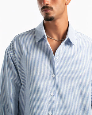 Men – Striped Shirt in Blue Stripe, detail close-up (cover)