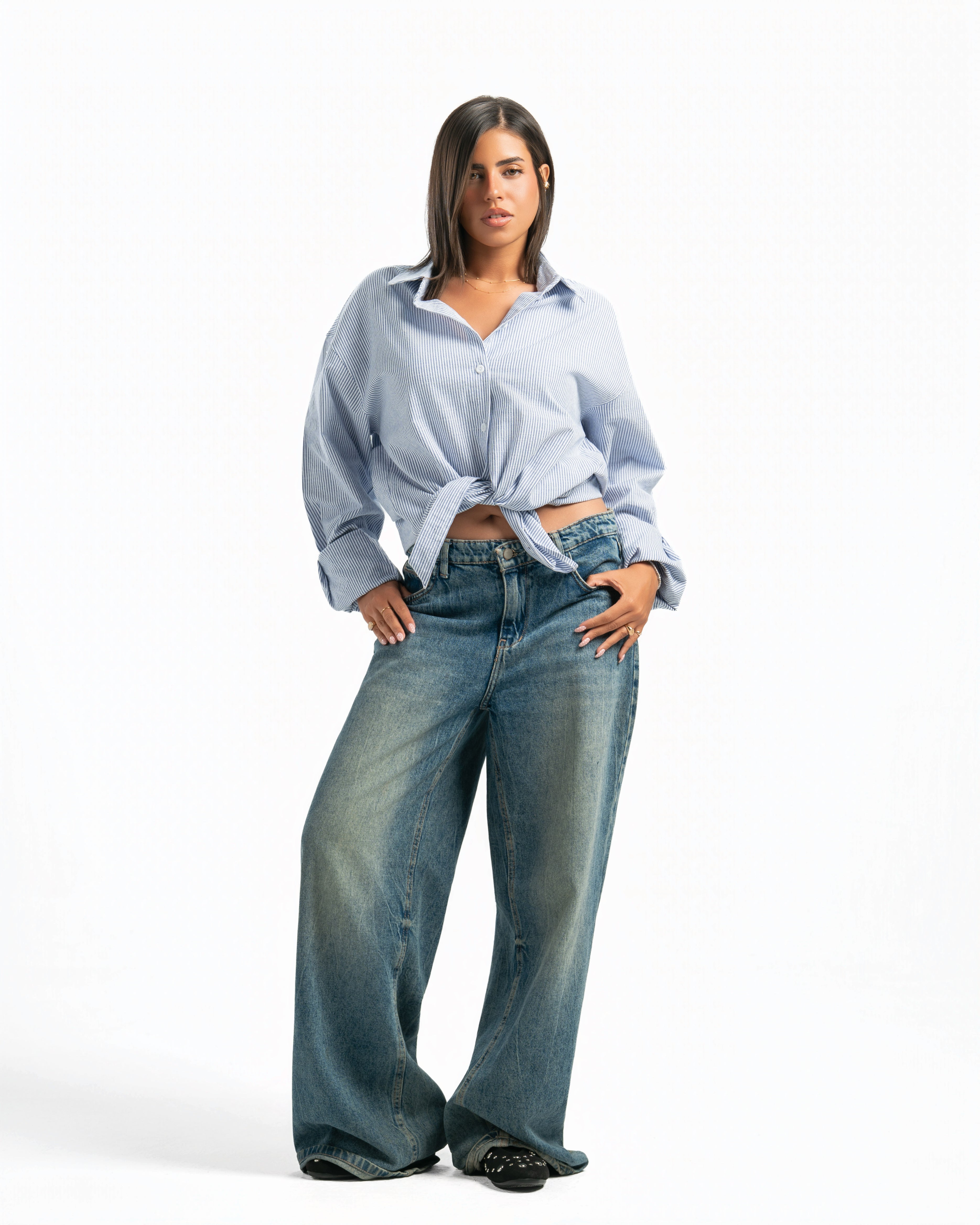 Women – Striped Shirt in Blue Stripe, full-length, worn loose