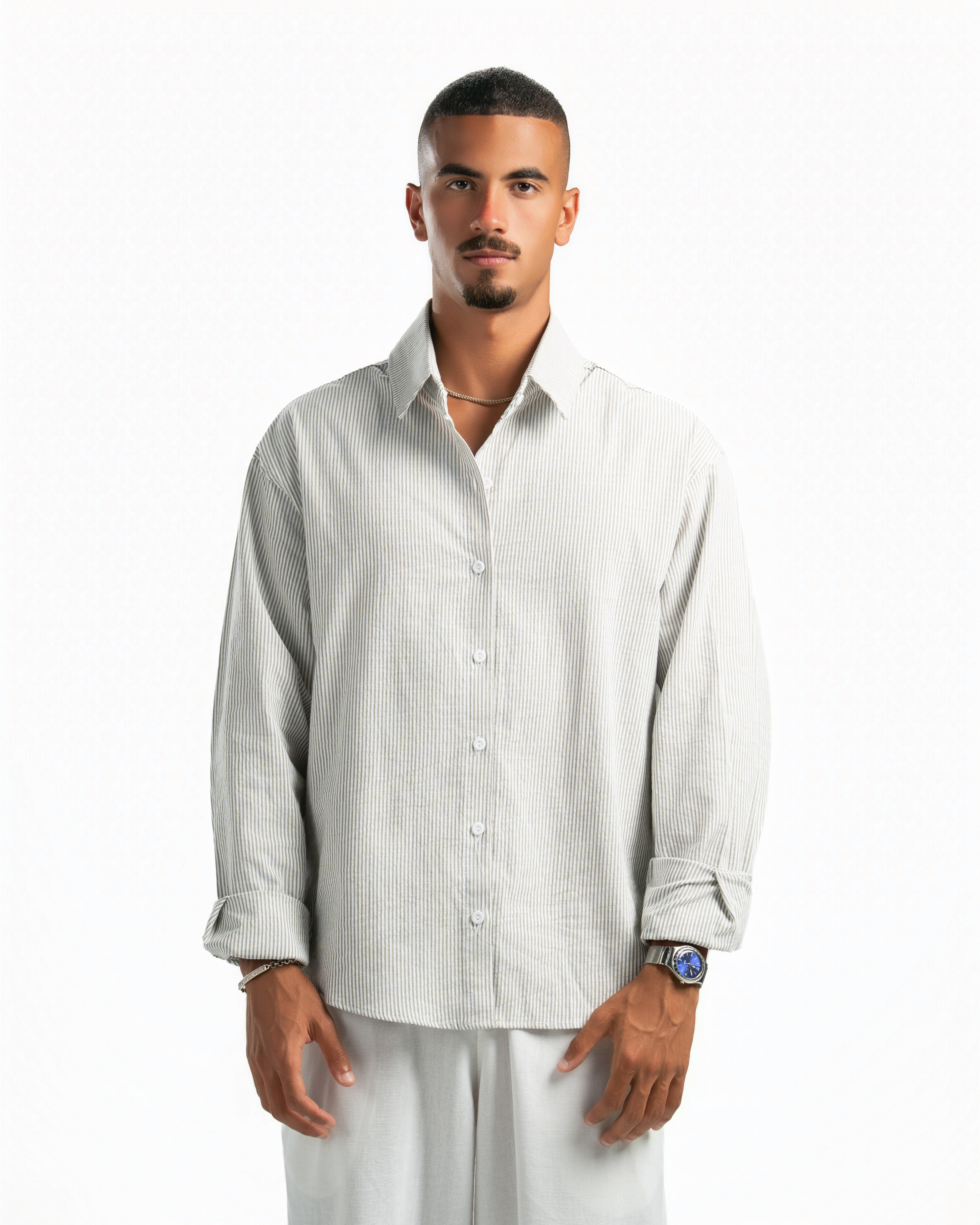 Men – Striped Shirt in Green Stripe, front view (cover)