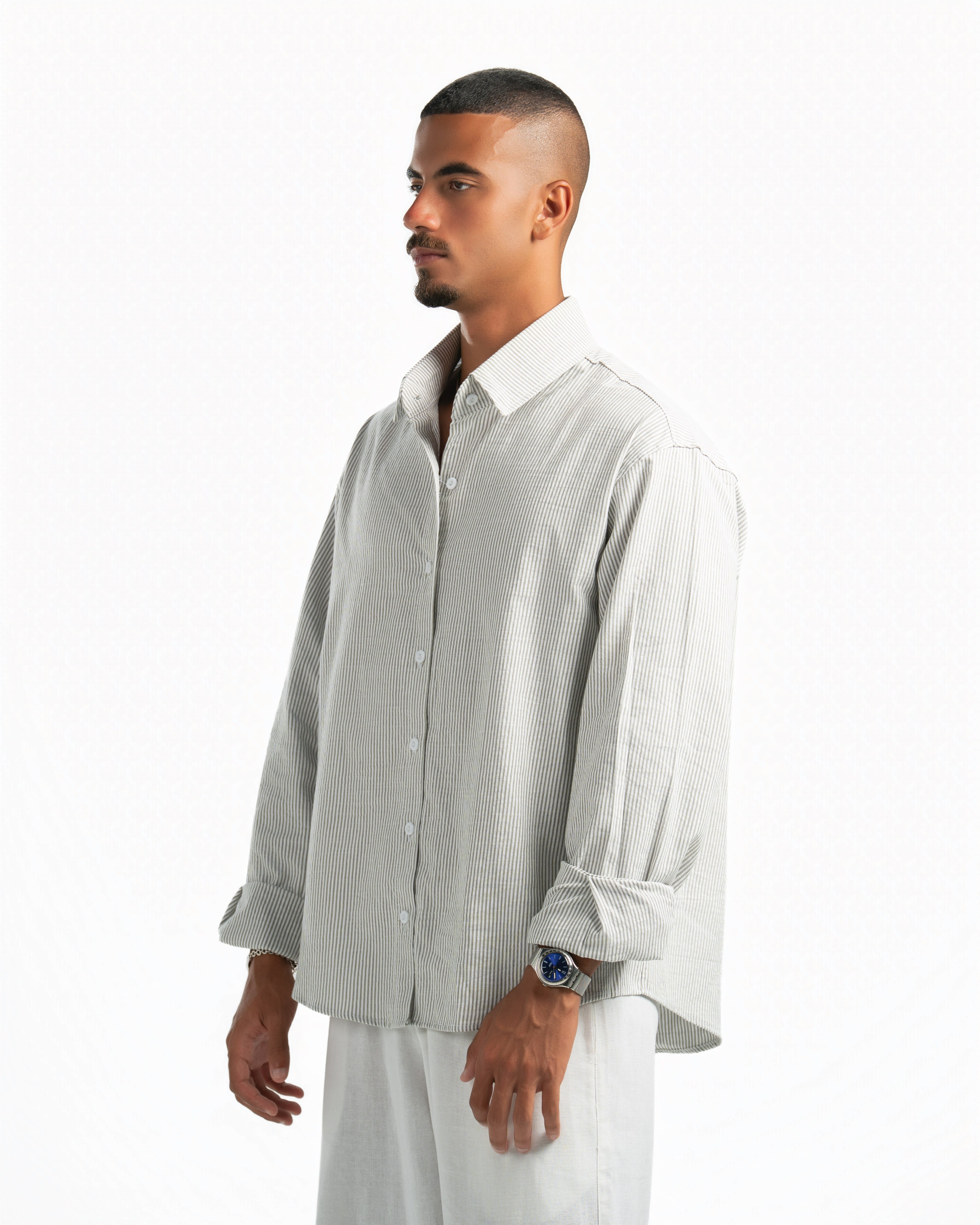 Men – Striped Shirt in Green Stripe, side view (cover)