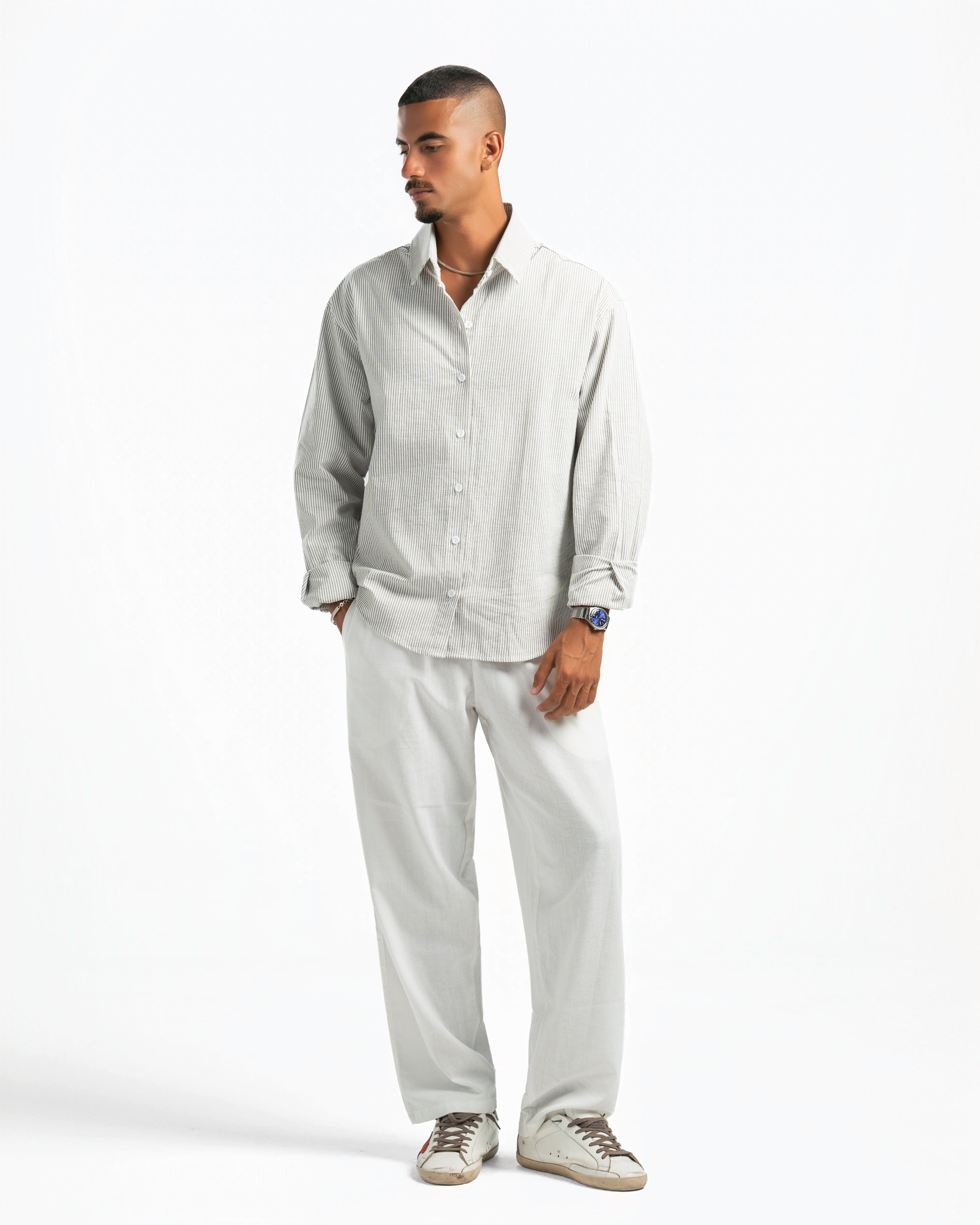 Men – Striped Shirt in Green Stripe, full-length