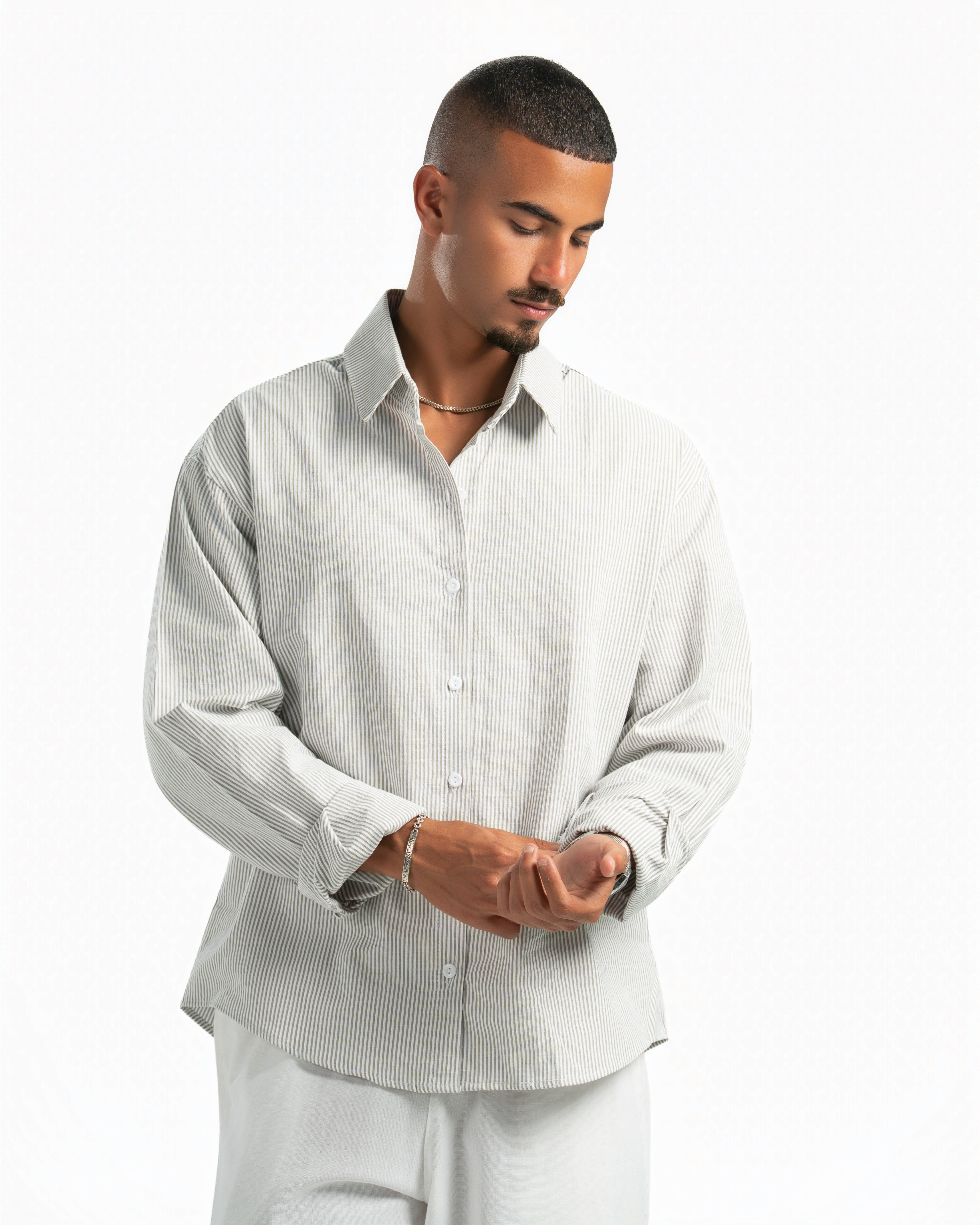 Men – Striped Shirt in Green Stripe, styled (cover)