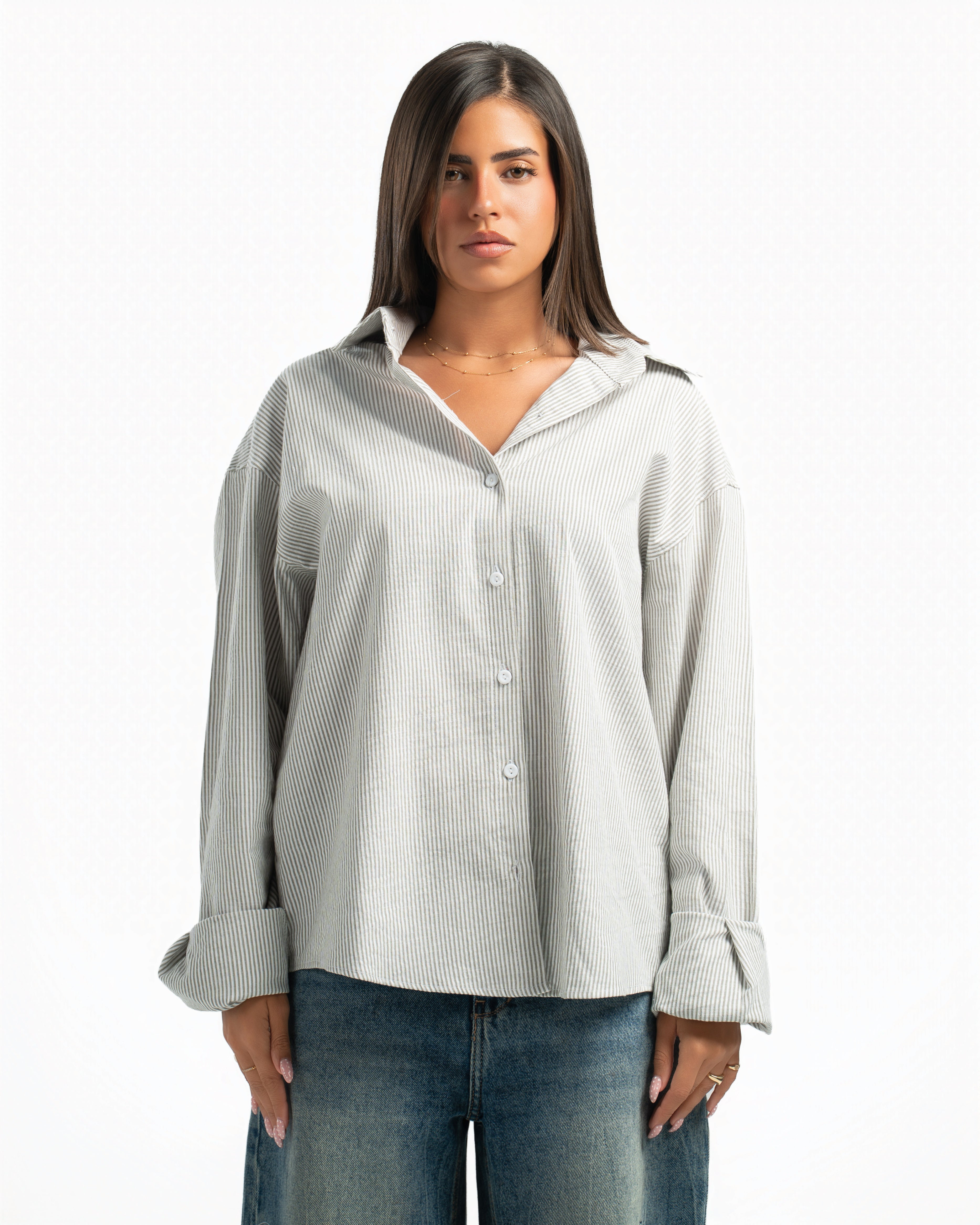 Women – Striped Shirt in Green Stripe, front view (cover)