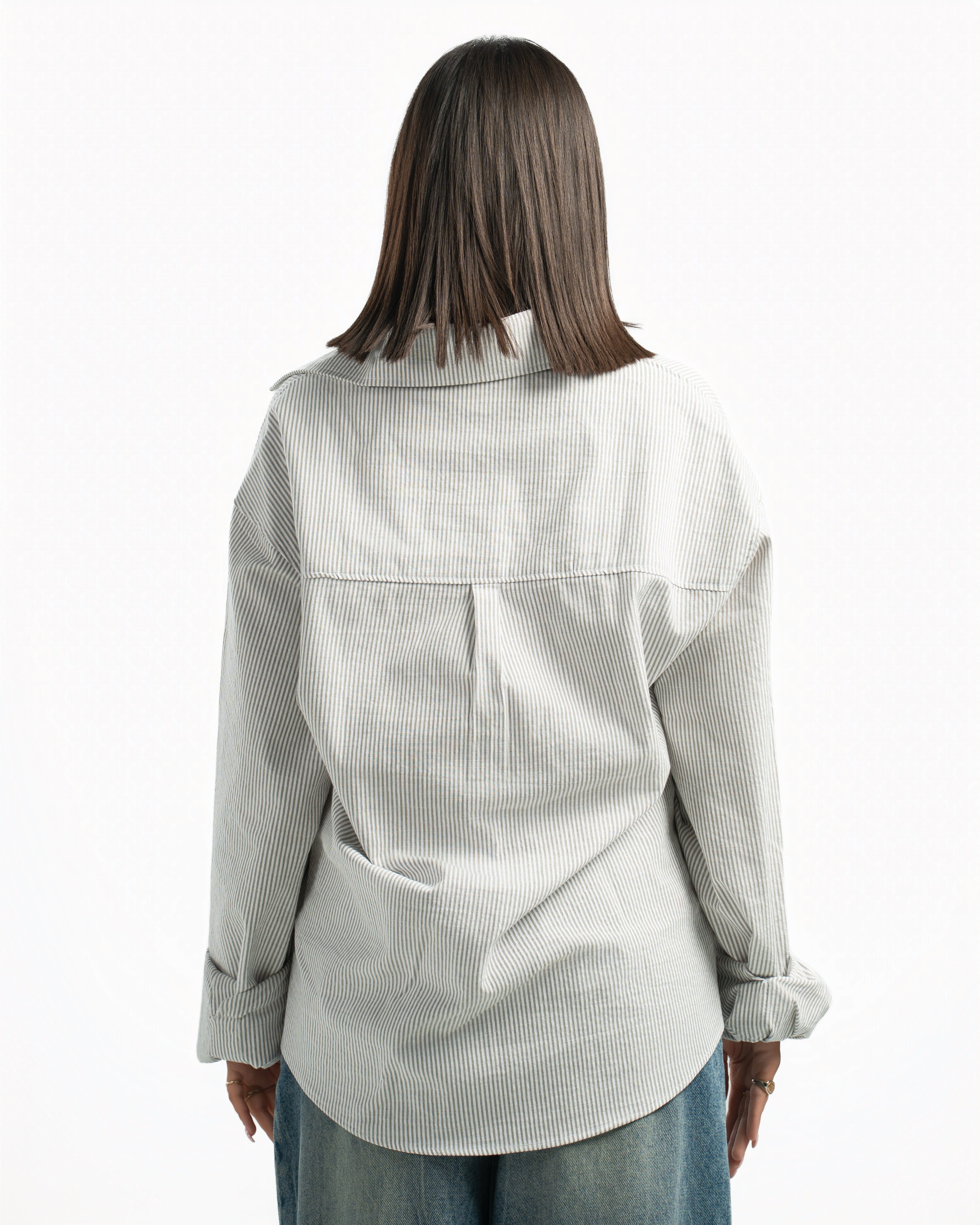 Women – Striped Shirt in Green Stripe, back view (cover)
