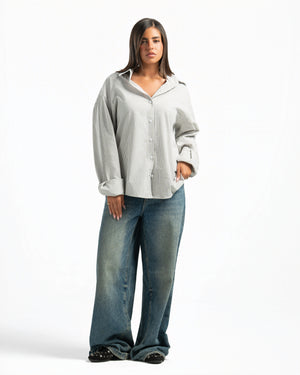 Women – Striped Shirt in Green Stripe, full-length