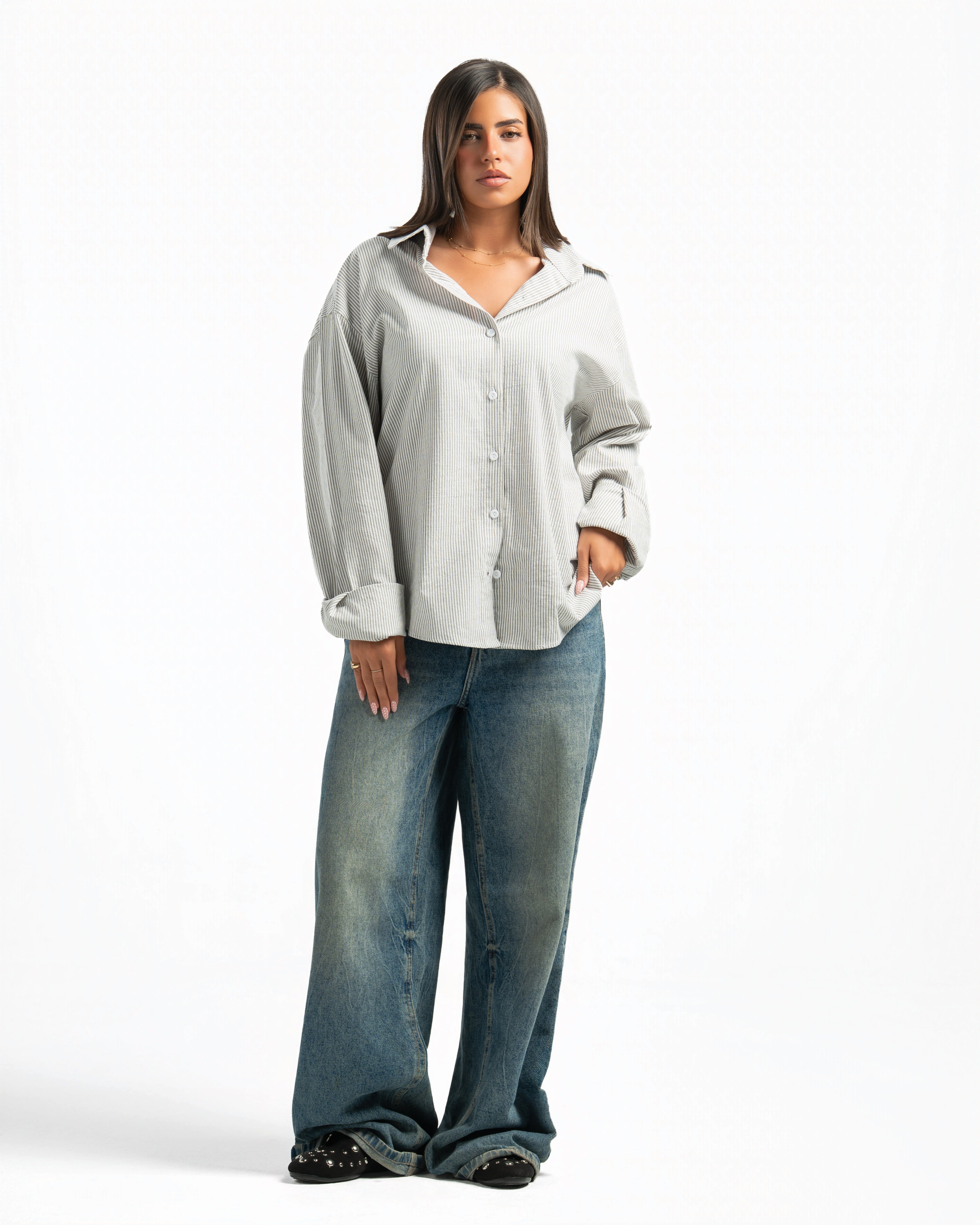 Women – Striped Shirt in Green Stripe, full-length